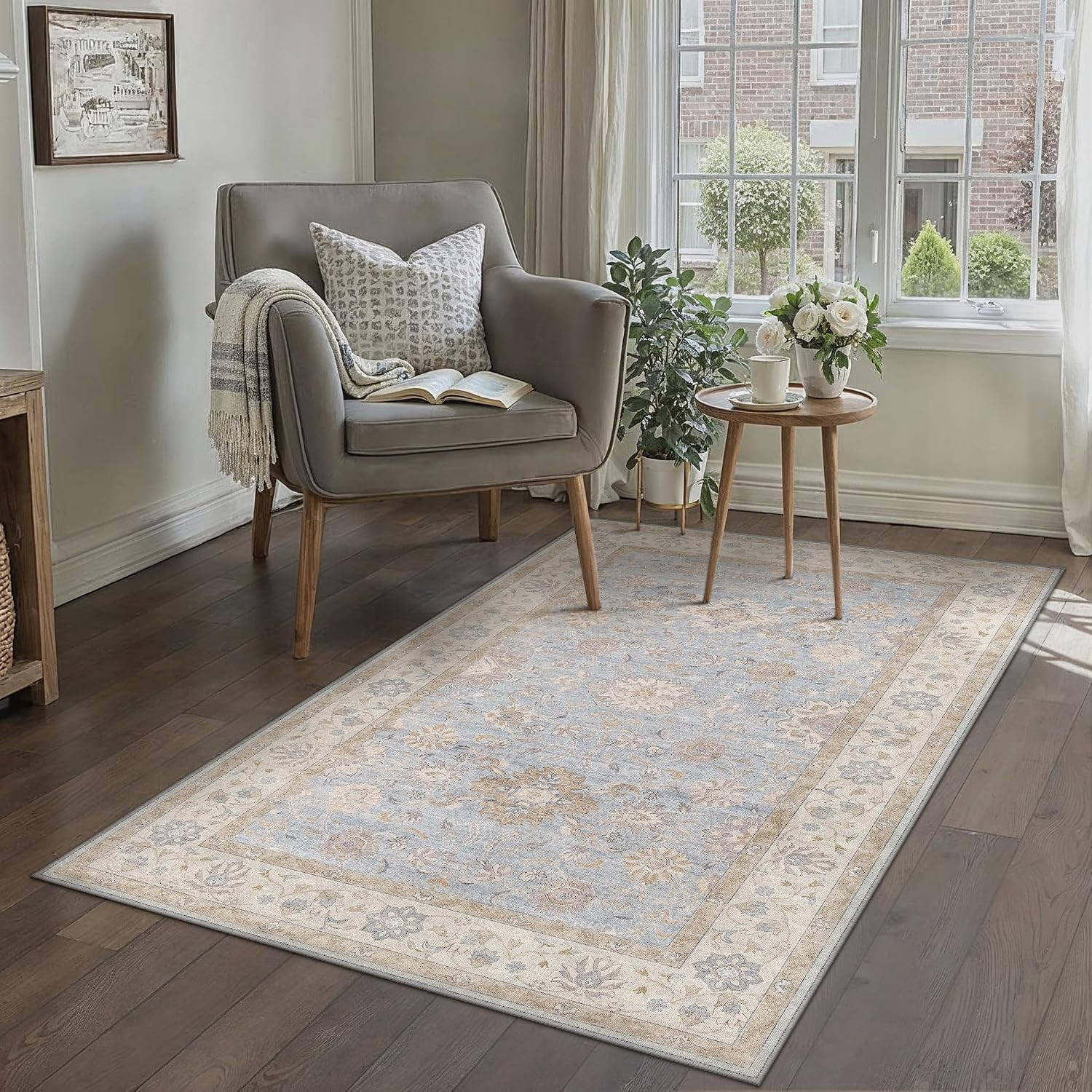 3X5 Area Rug Blue Vintage Netural Washable Living Room Carpet | Bedroom, Dining