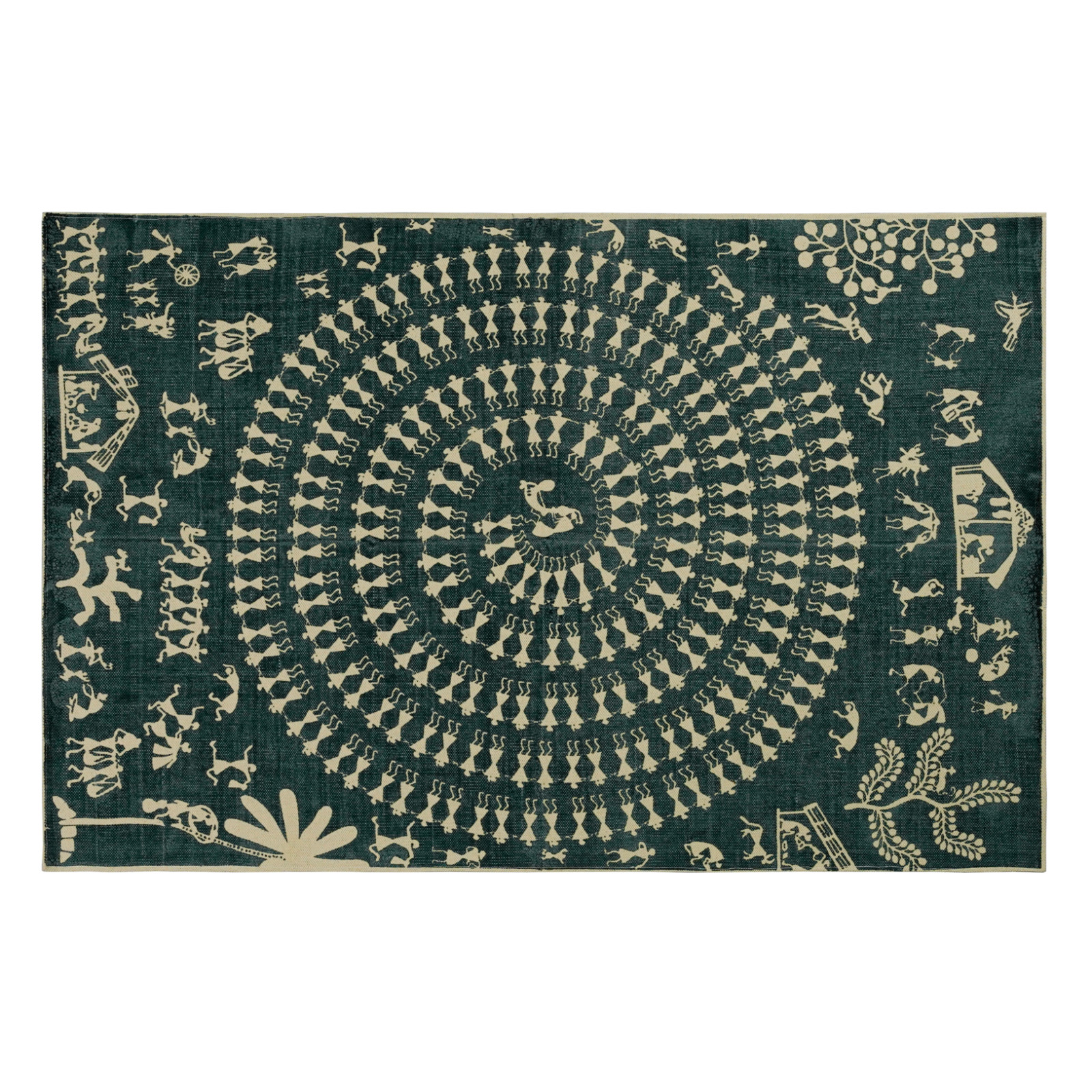 Hand Block Printed Warli Cotton Area Rug Green Tribal Mandala Boho Floor Carpet