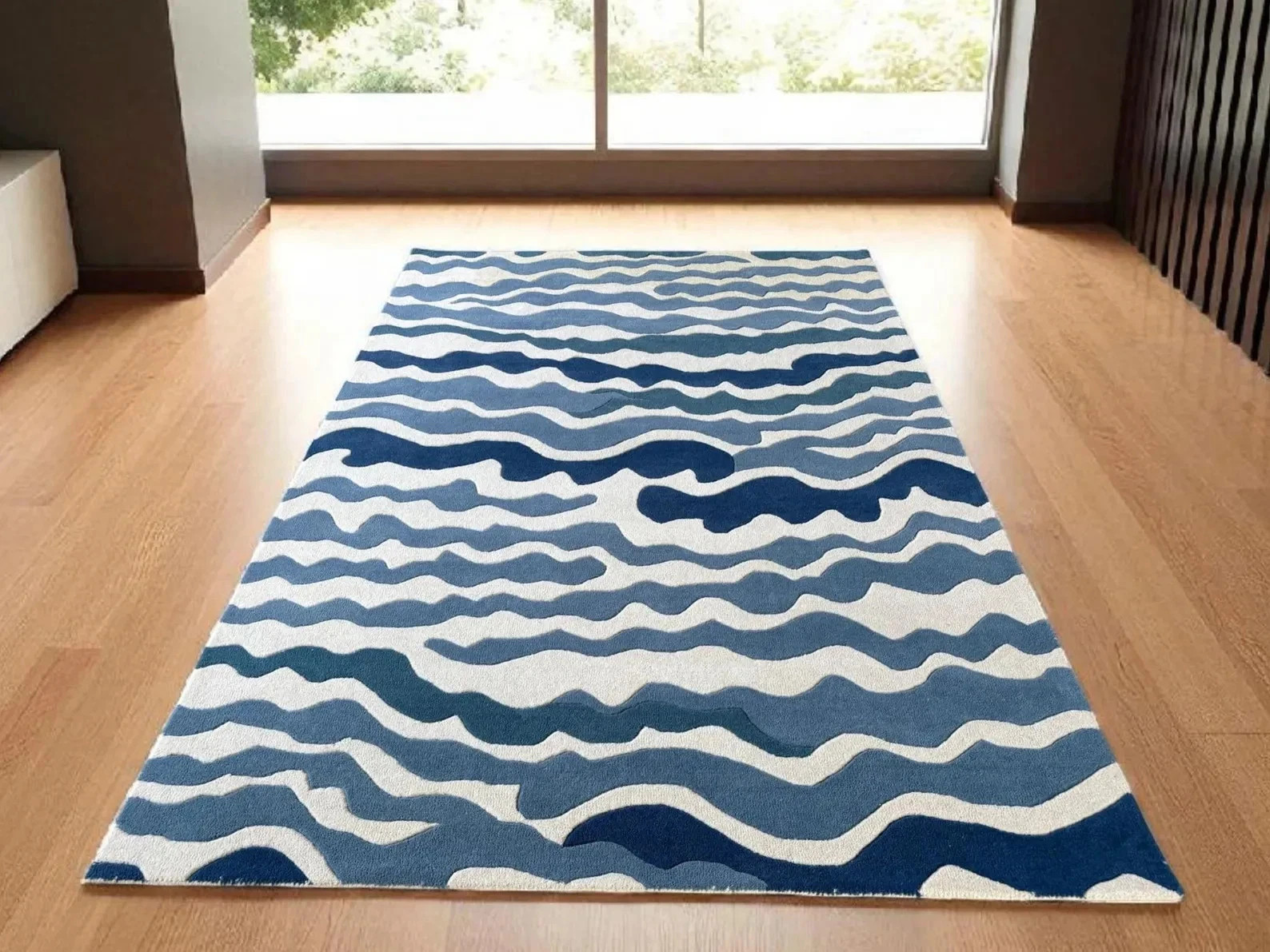 Hand-Tufted Wool Rug: Blue Sea Wave Design, Beach House Decor
