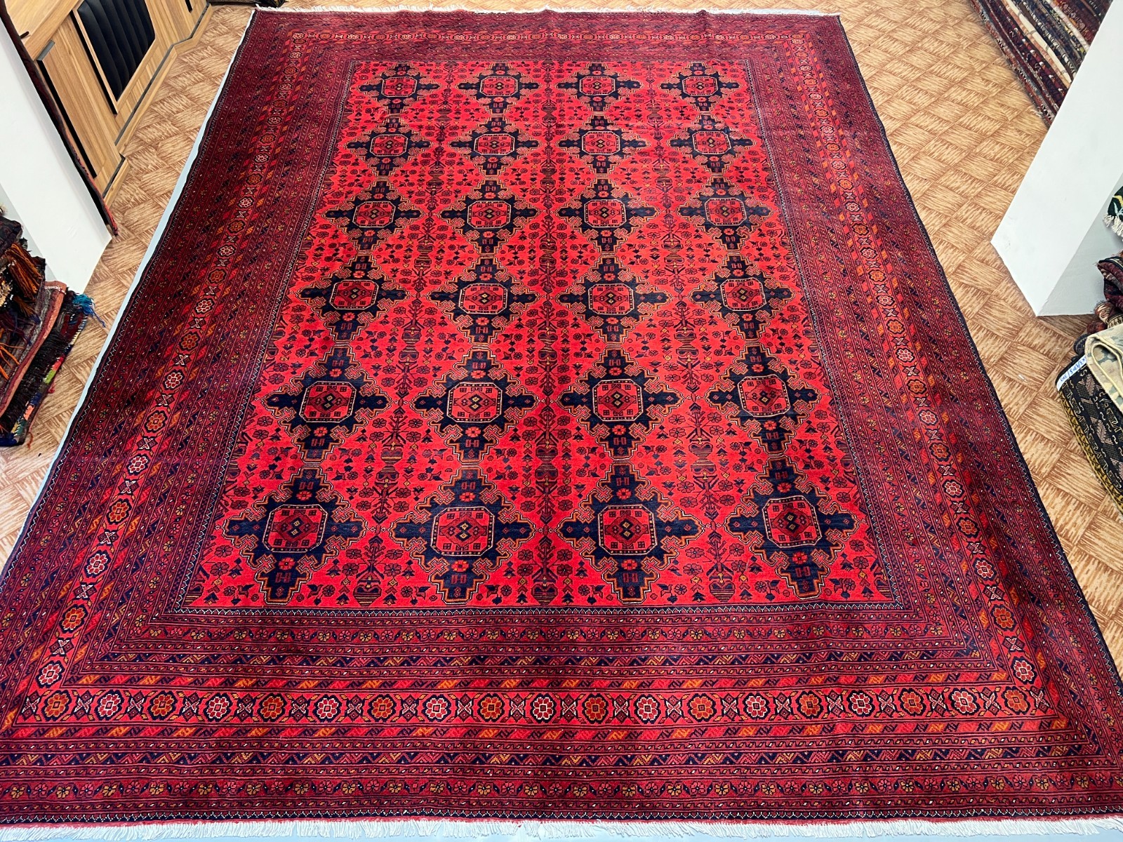 9’11 x 13’3 Ft Striking Afghan Tribal Hand Knotted Wool Rug Red Navy Geometric
