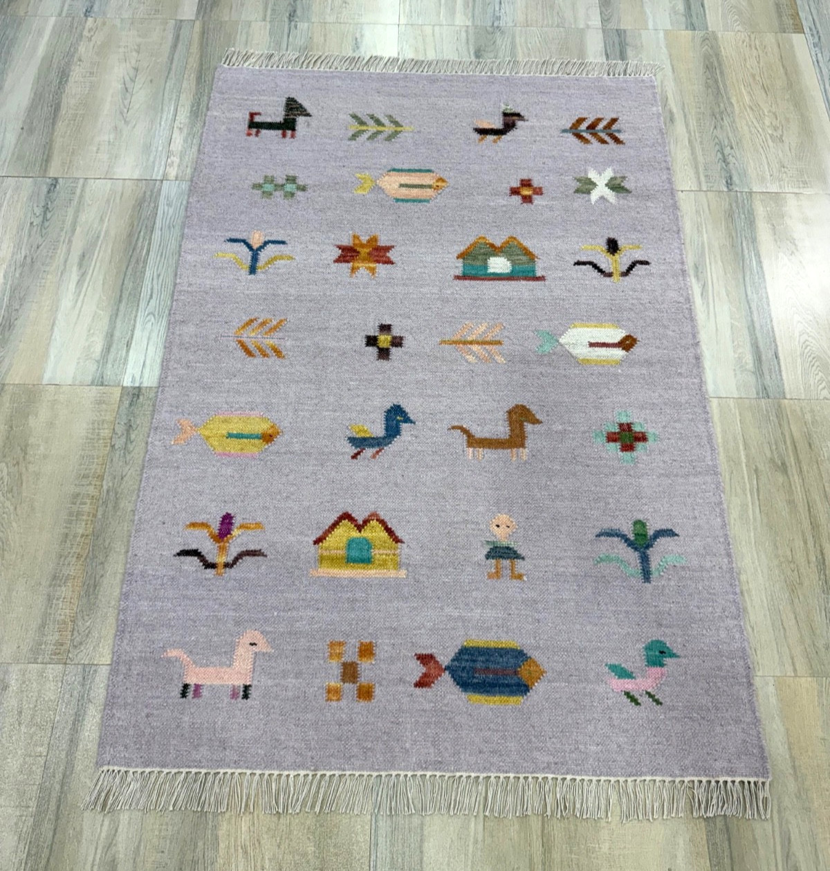 Hand Woven Wool Rug 4×6 Soft Purple Flatweave Scandinavian Folk Art Kilim Carpet