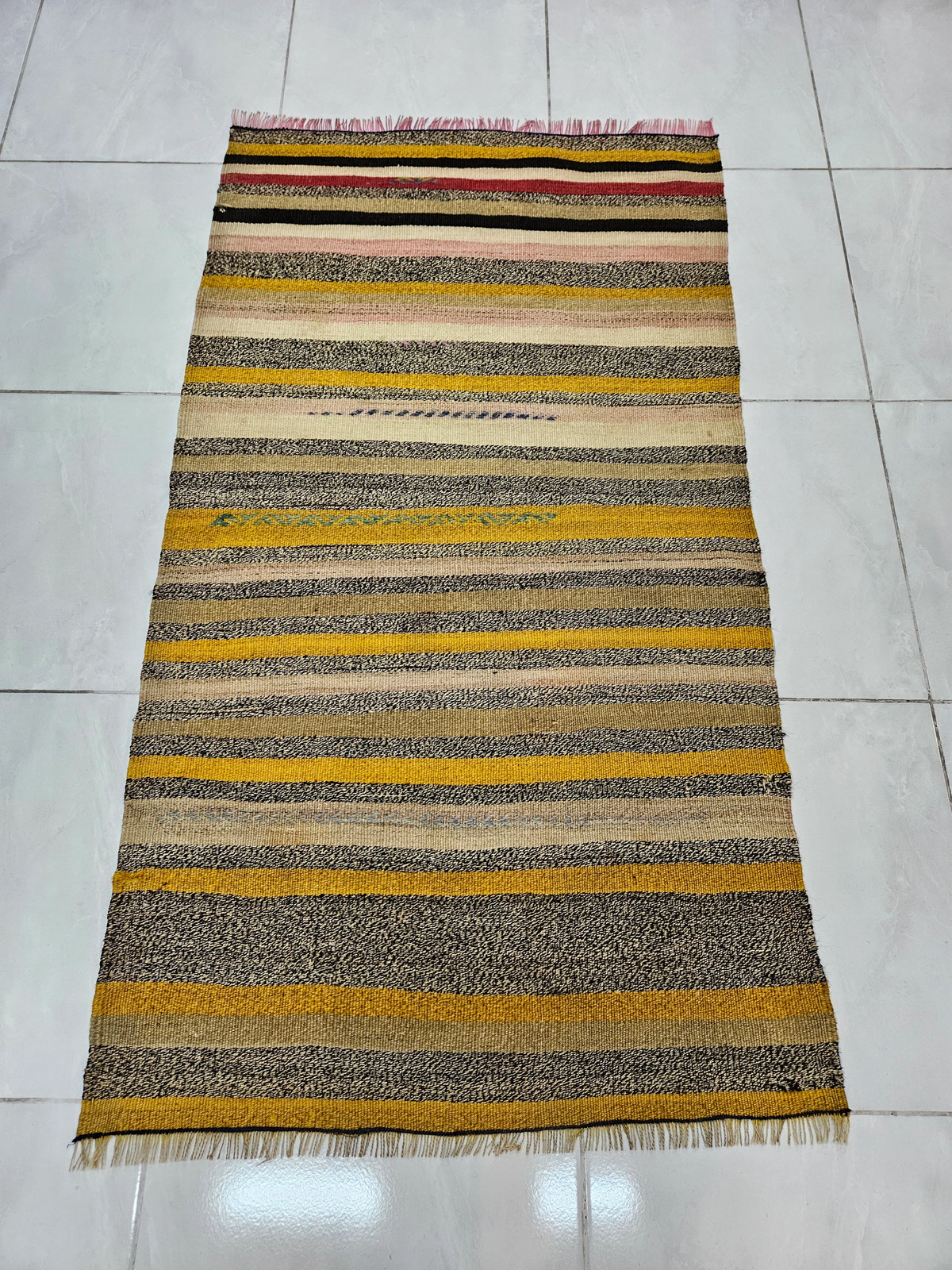 Striped Yellow Kilim Rug, Small Vintage Handmade Rug (2.6 x 4.8 ft)