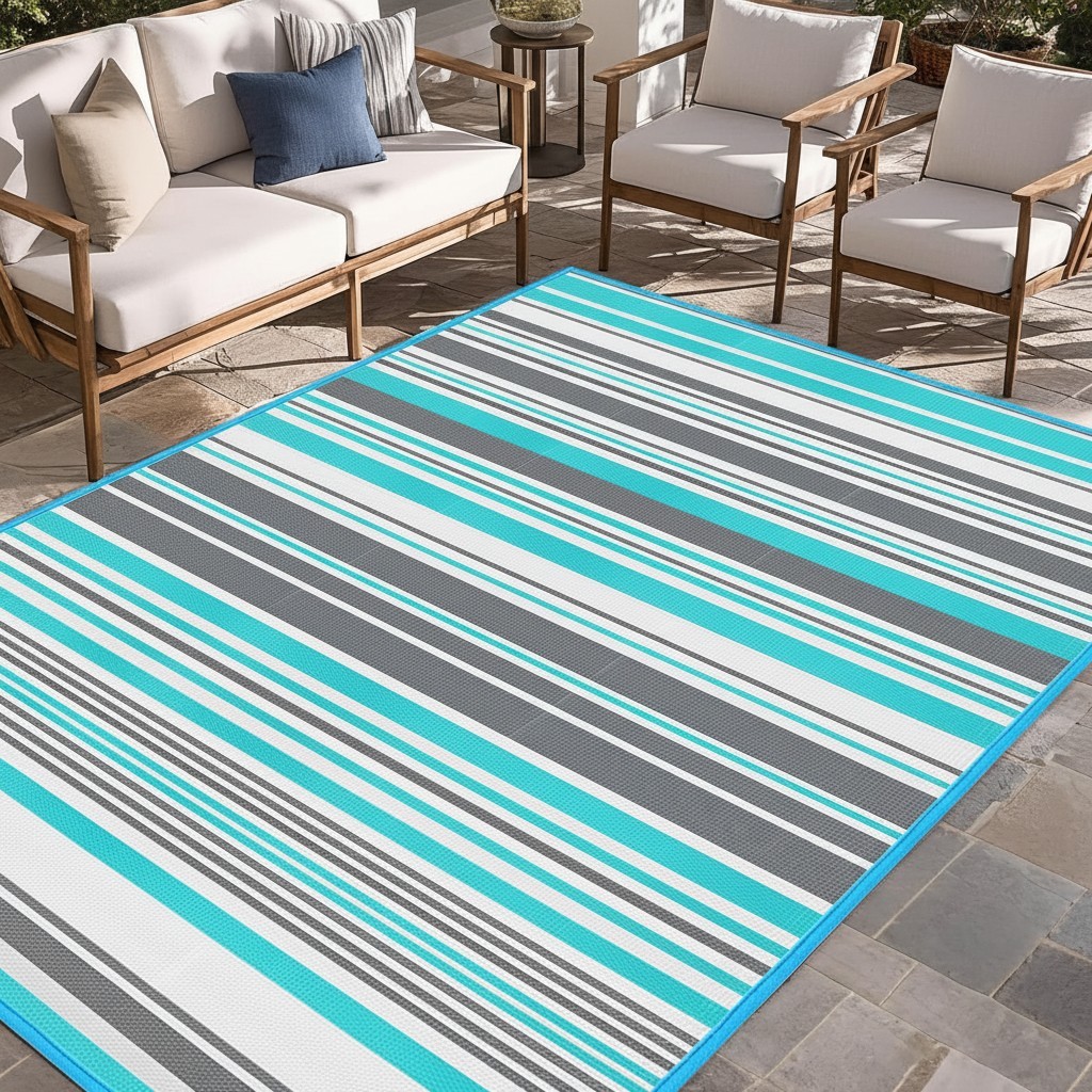 Chic Blue & Grey Waterproof Outdoor Rug 4×6 ft – Perfect for Patios & Campers