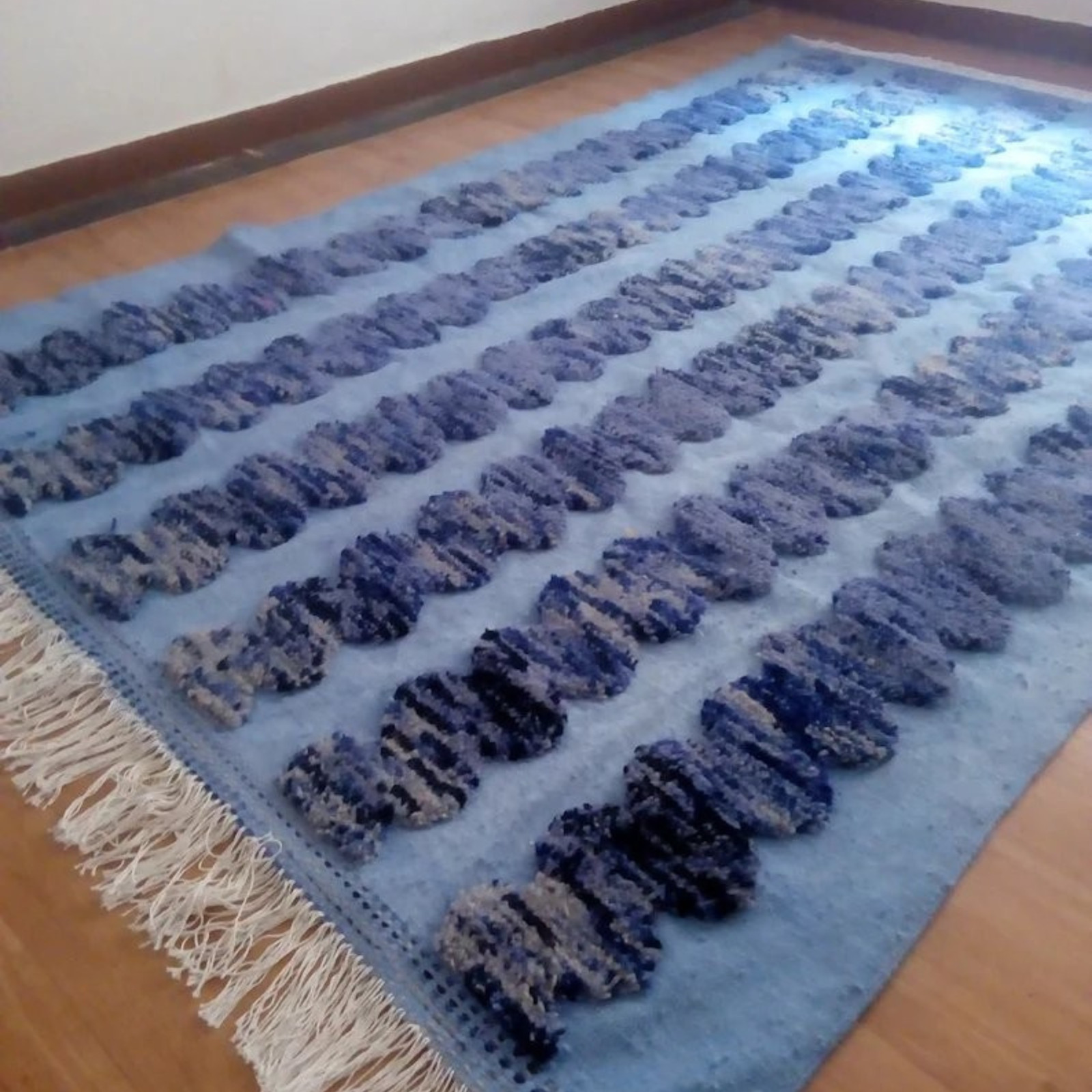 Handwoven Moroccan Wool Rug Blue Abstract Stripe Area Carpet for Living Room