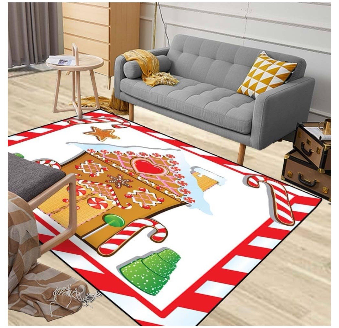 Christmas Area Rugs 5*7 Cute Gingerbread House with Trees Washable (1493)