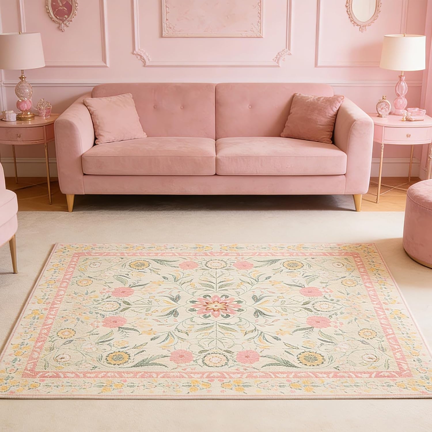 Pale Pink Rug for Girls Room, 5×7 Floral Washable Area Rug Non Slip, Boho Low…
