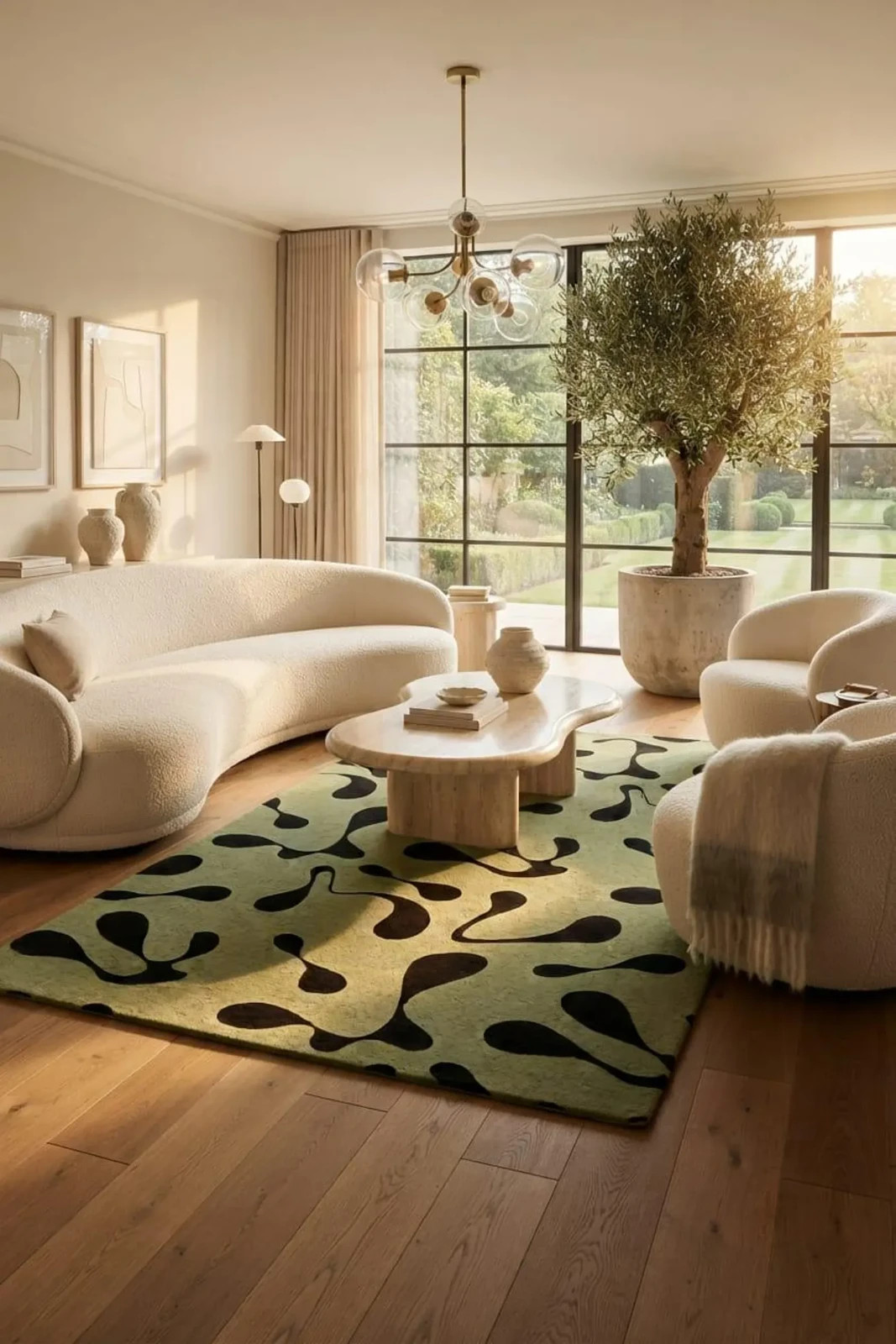 Olive Green Abstract Hand Tufted Wool Rug, Modern Black Organic Shape Area Rug