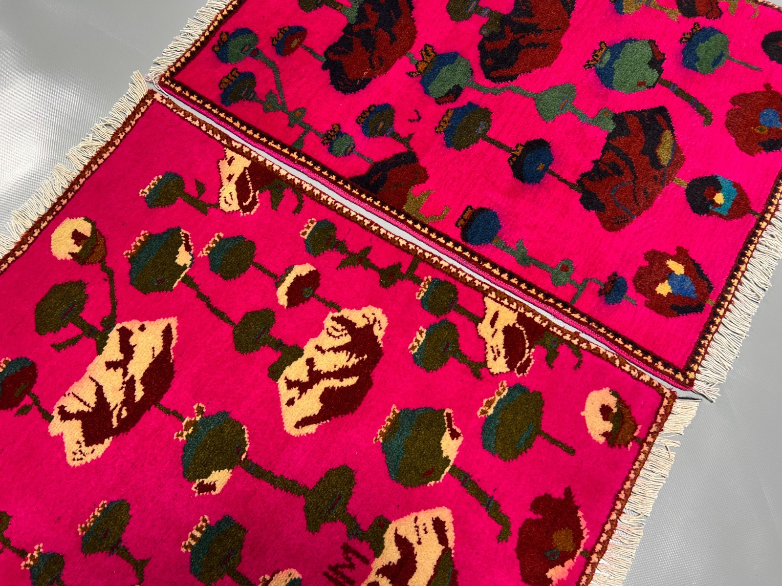 2×2 Set of 2 Afghan Poppy Rugs Handmade Wool Pink Opium Floral Tribal Carpets