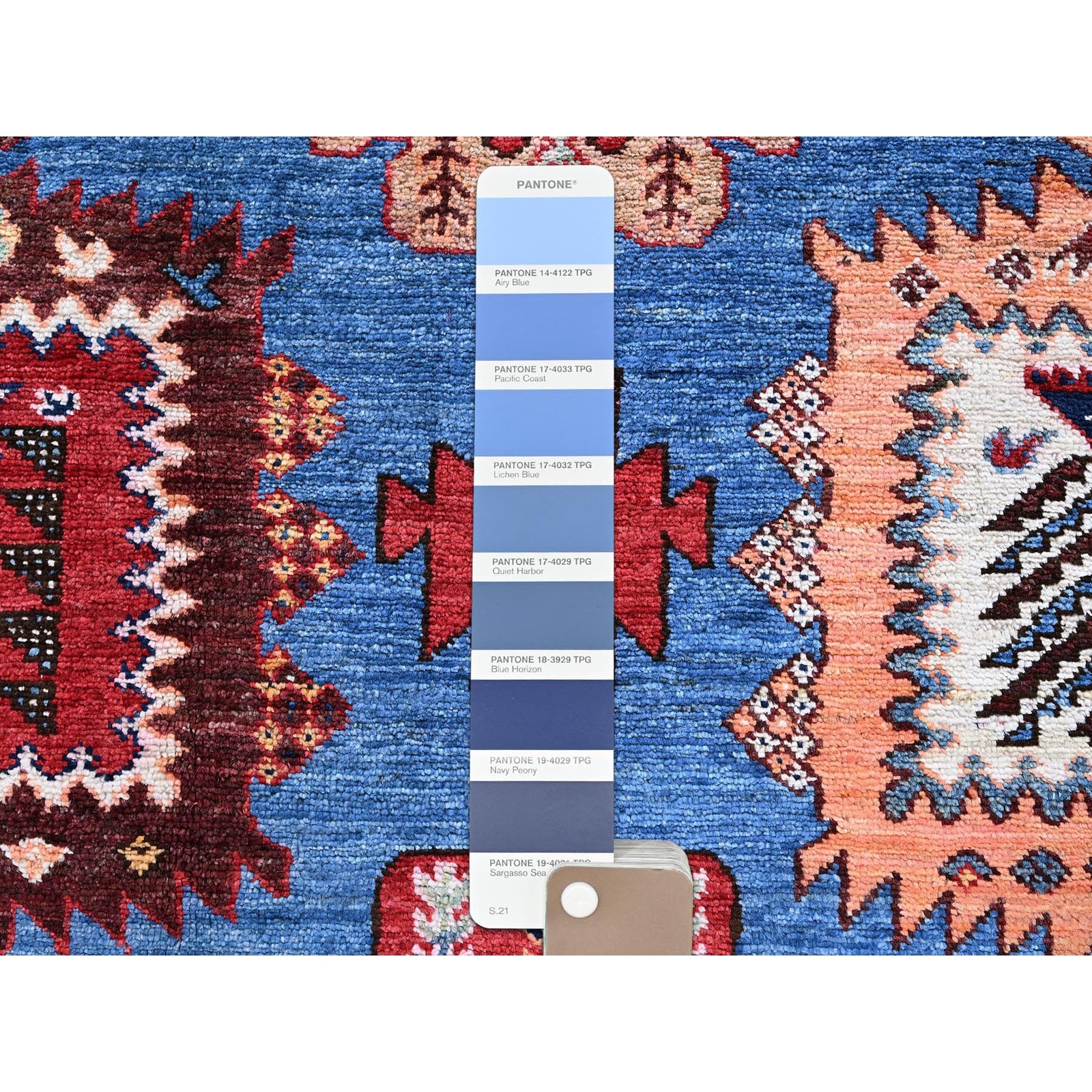 10’1″x13’4″ Blue Afghan Caucasian Design Revival Hand Knotted Soft Wool Rug R563
