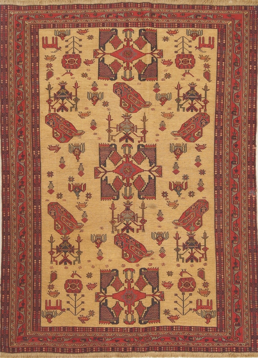 Tribal Semi Antique Tribal Animals Gold Kilim Hand Woven Oriental Rug 4×6 Carpet