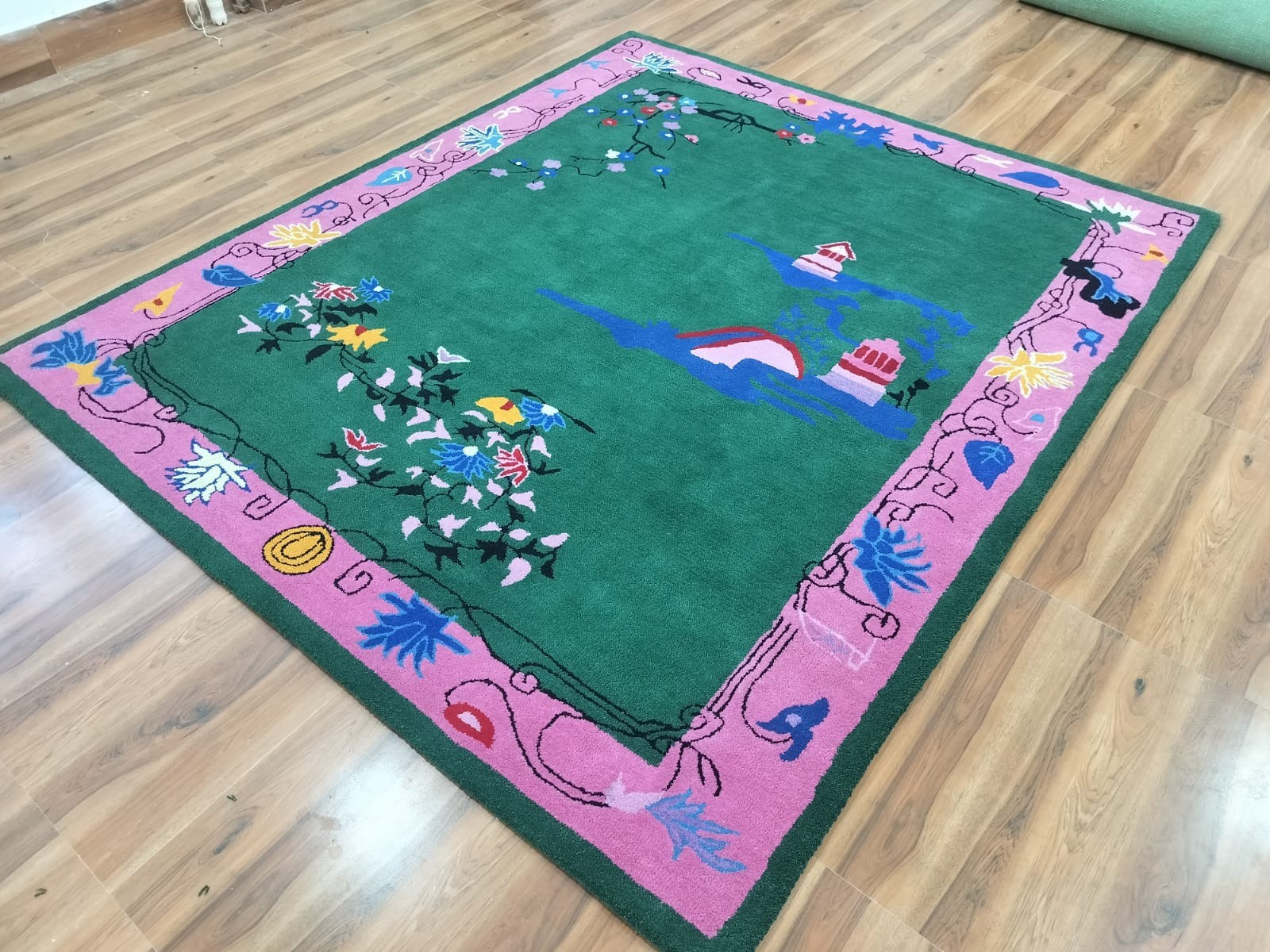Green Hand Tufted Pictorial Area Rug Multi Sizes Chinese Art Deco Carpet