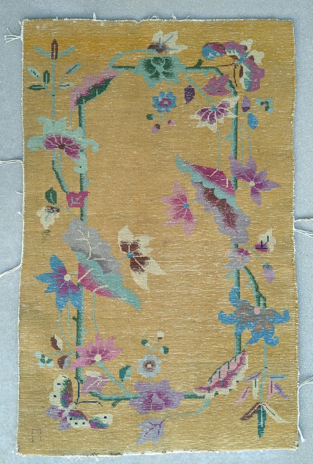 Antique Floral Deco Nichols Hand knotted Rug Butterfly 55” X 35” China 1930s Gld