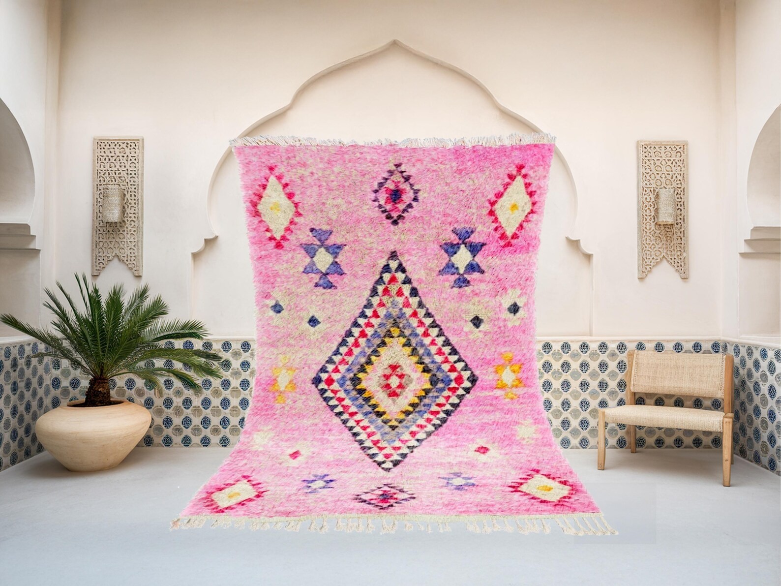 Color Pink Multi Moroccan Berber Beni Wool Rug Handmade Design Area Carpet Rug