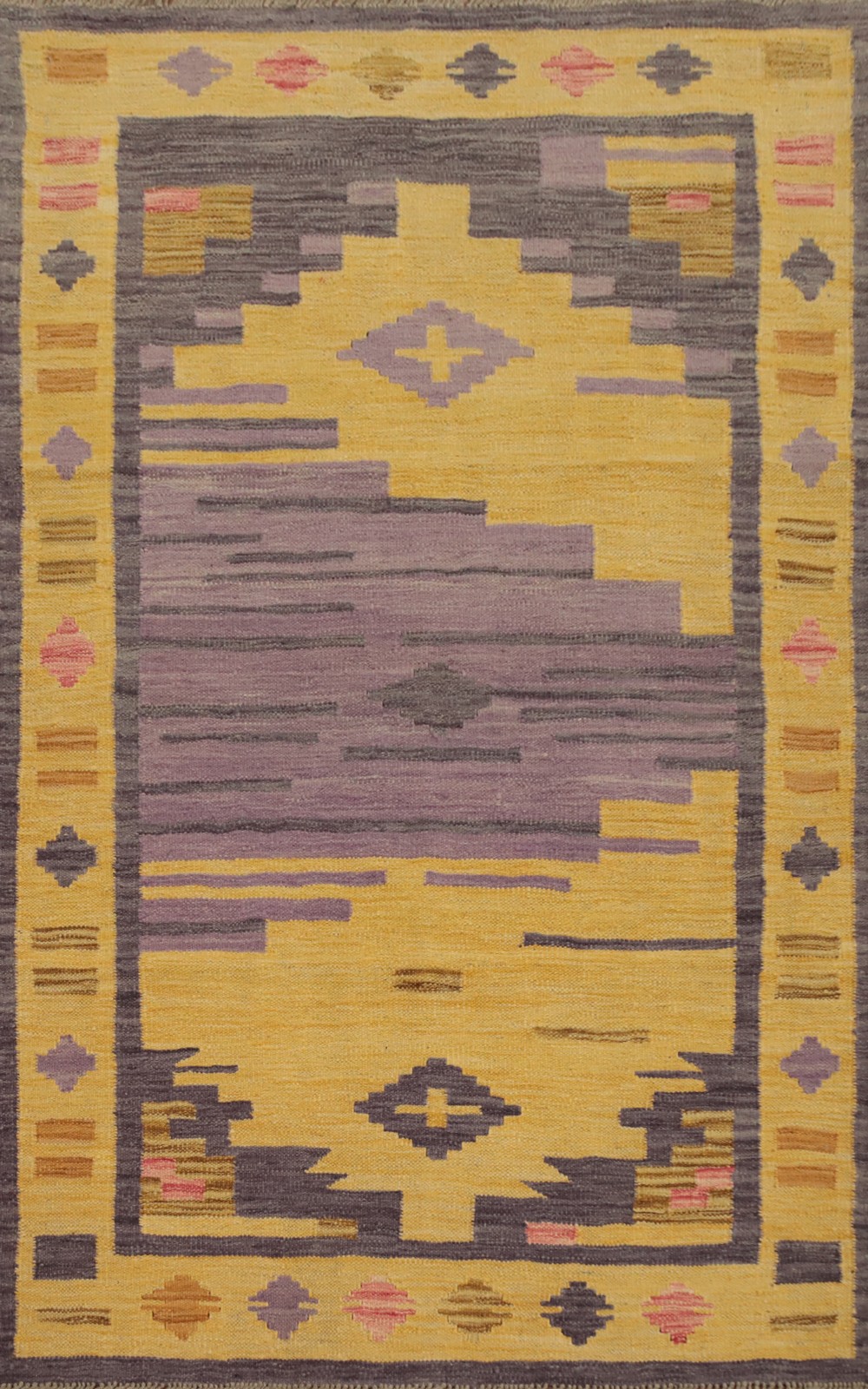 Gold/ Purple Kilim Accent Rug 3×5 Vegetable Dye Geometric Wool Tribal Carpet