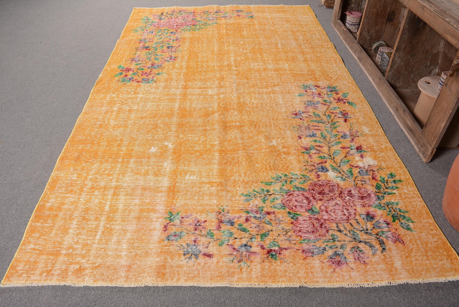 5,6×9,4 ft Large Turkish Rug, Vintage Rug, Yellow Red Ikat Wool Rug