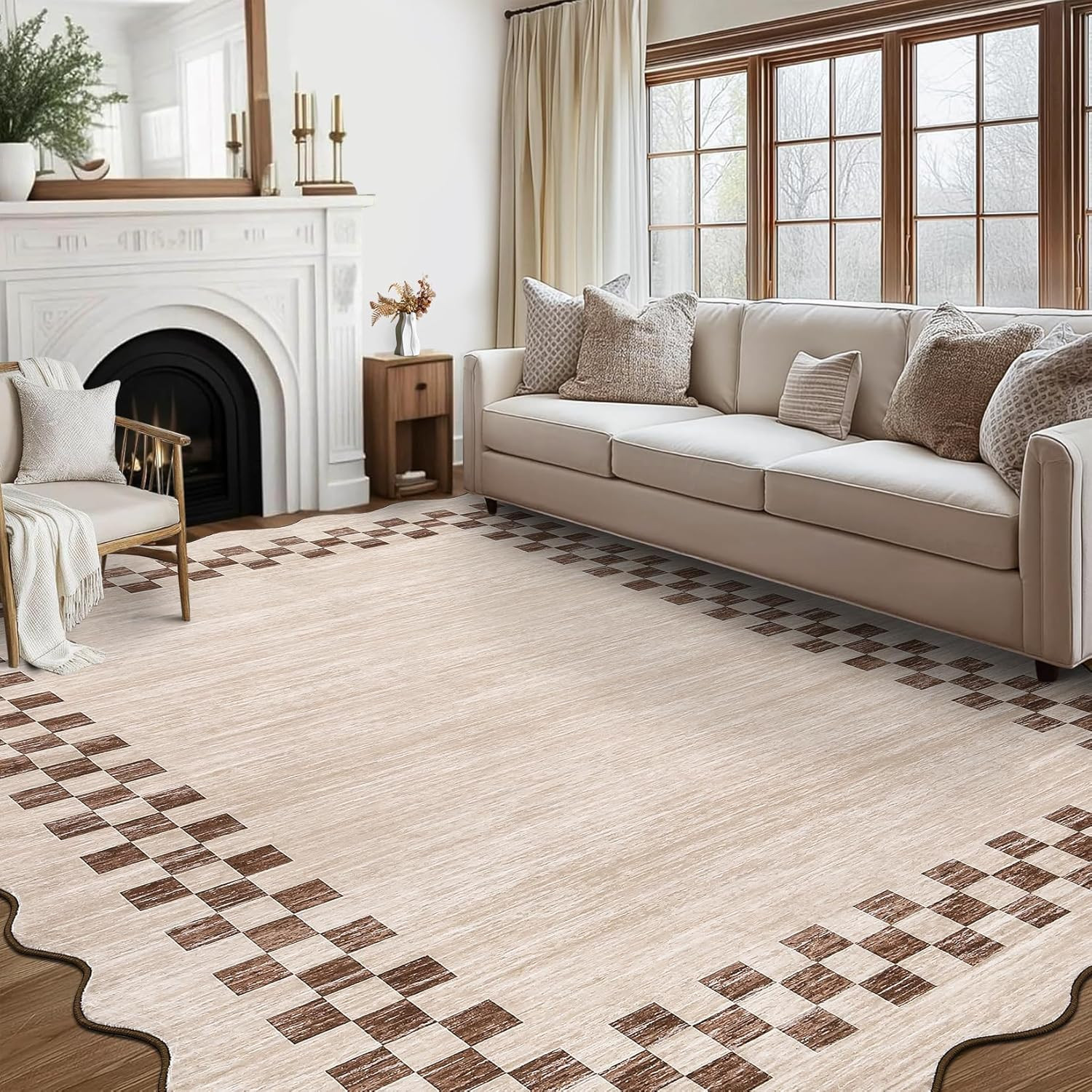 Washable Rug 5X7 for Living Room Large Bedroom Scalloped Rug Non Slip Stain Resi