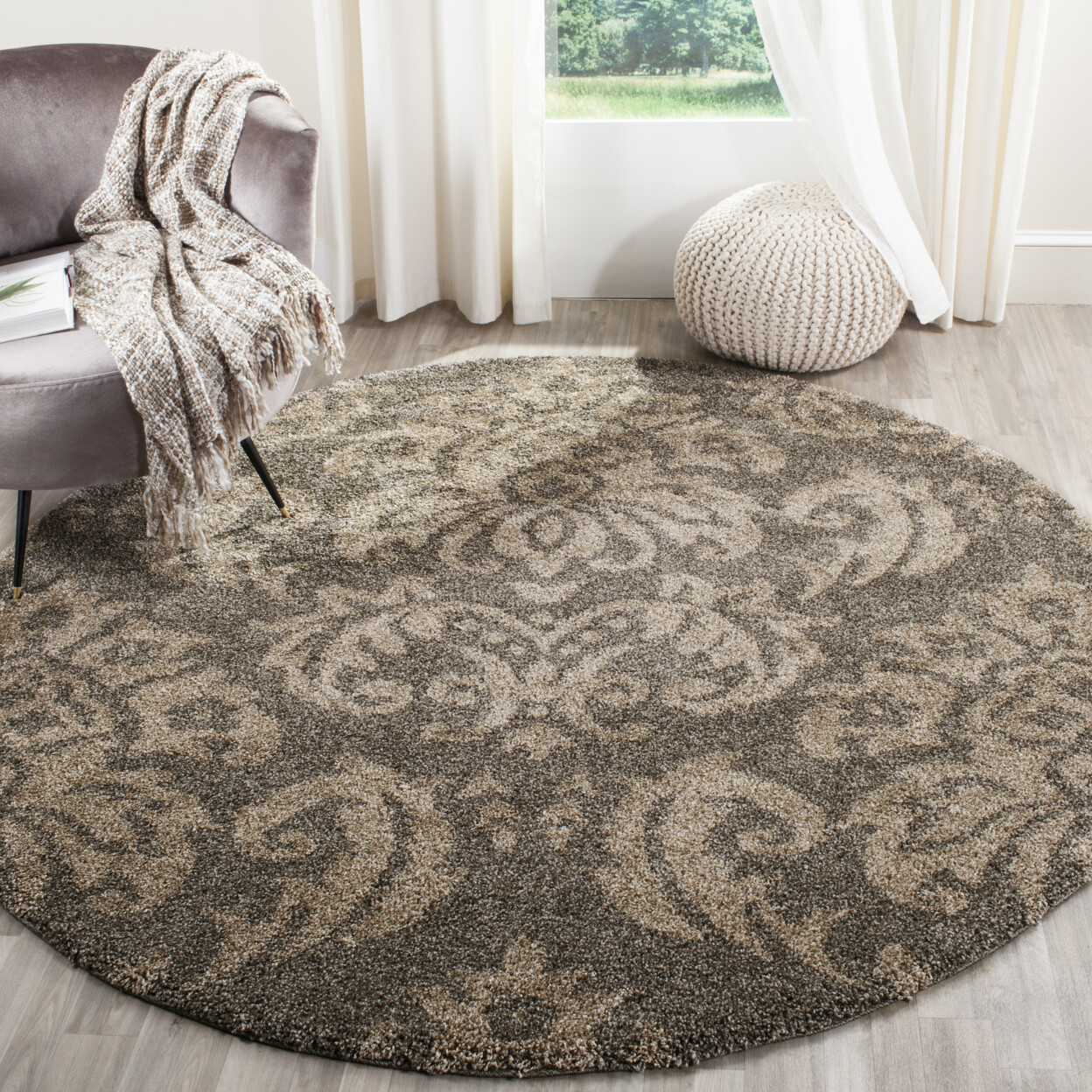 SAFAVIEH Contemporary Damask Floral Plush Shag Area Rug Smoke & Beige Florida