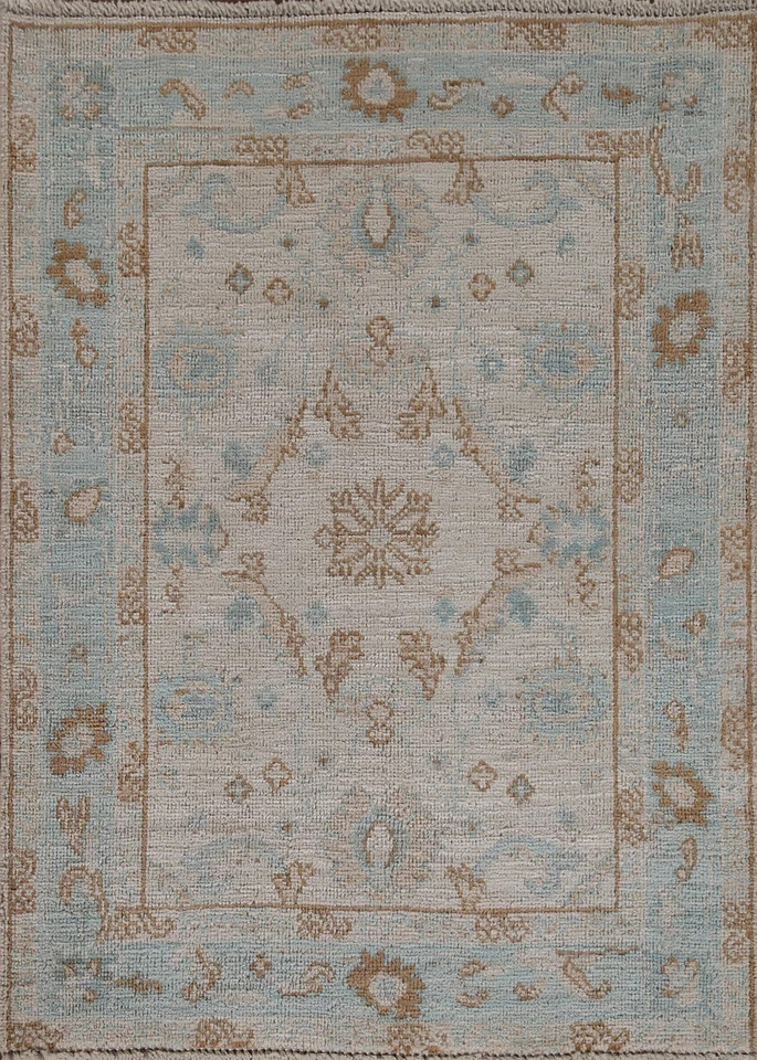 Hand Knotted Oushak Wool Rug Light Blue Beige Floral Traditional Area Rug