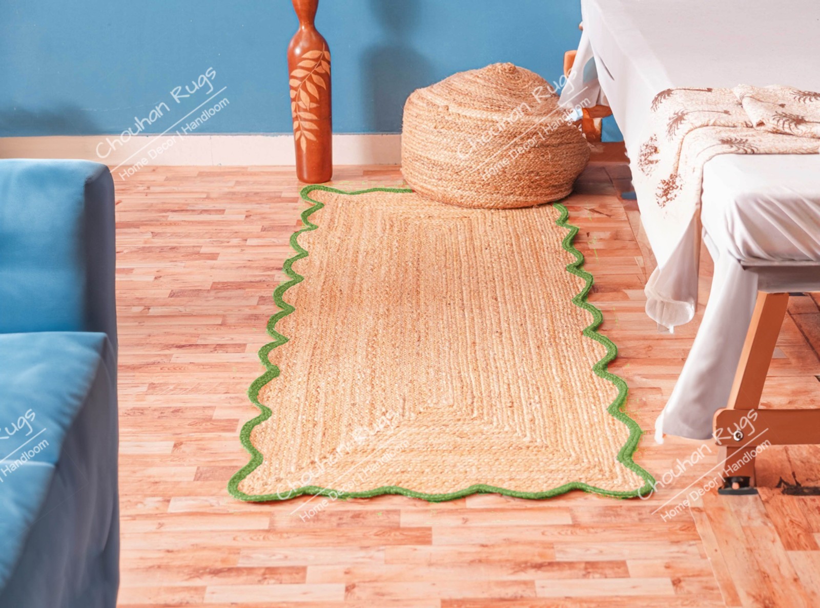 Custom Size 7×12 Ft hand Braided Jute rug Wit Light green border Home decor Rug