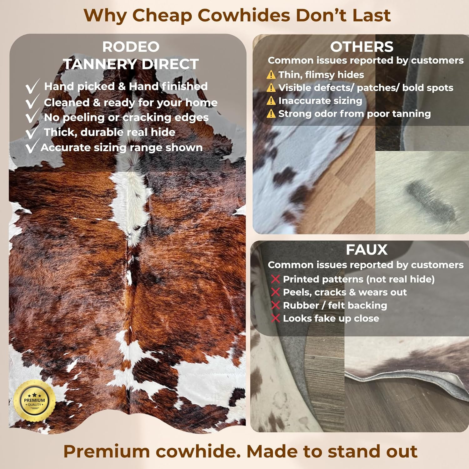 Tricolor Cowhide Rug 8×10 – Unique, Eco-Friendly, Easy to Clean for Rustic Homes