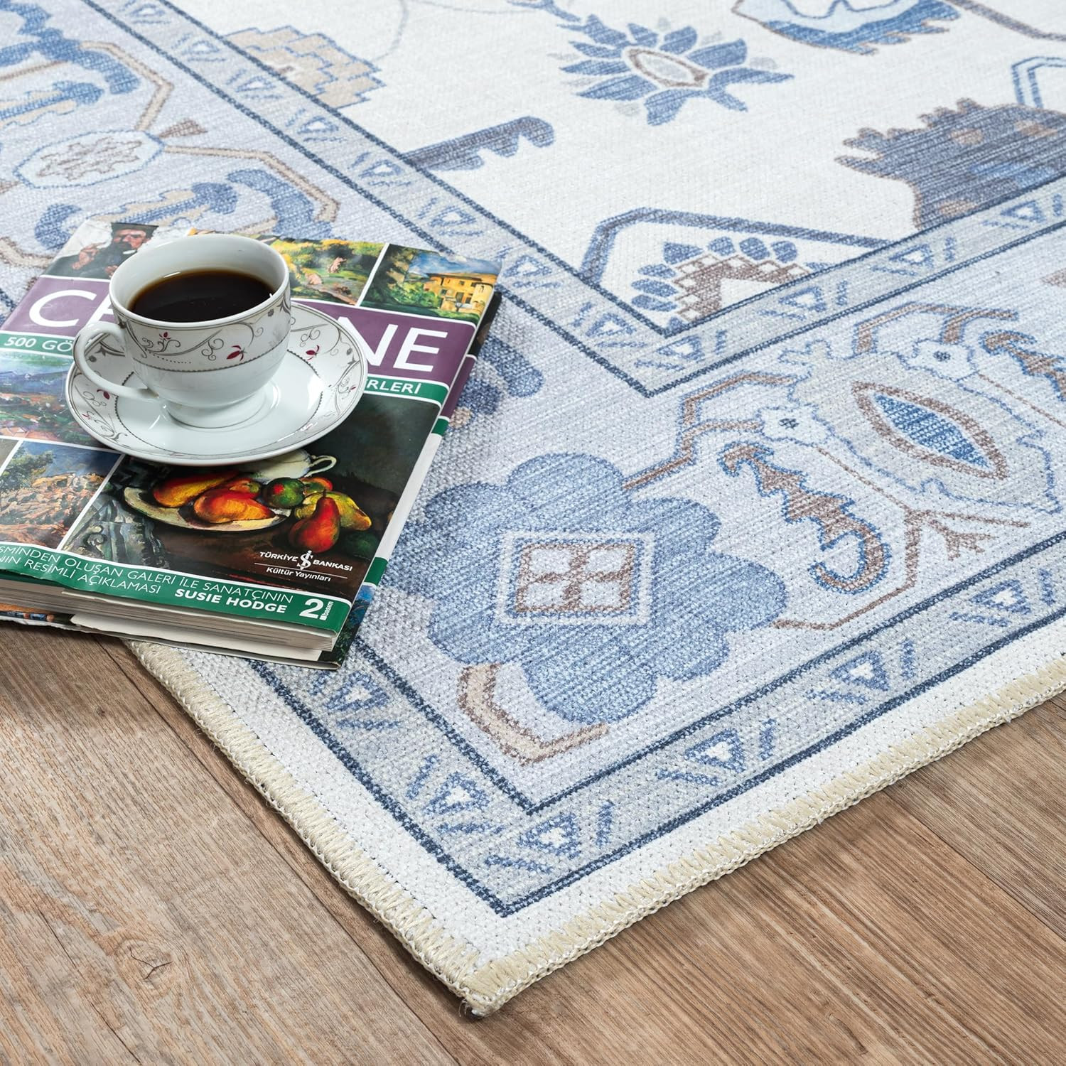 Cream Blue Oushak Rug – Modern Vintage Floral Area Rug 5’X6’9″ Washable