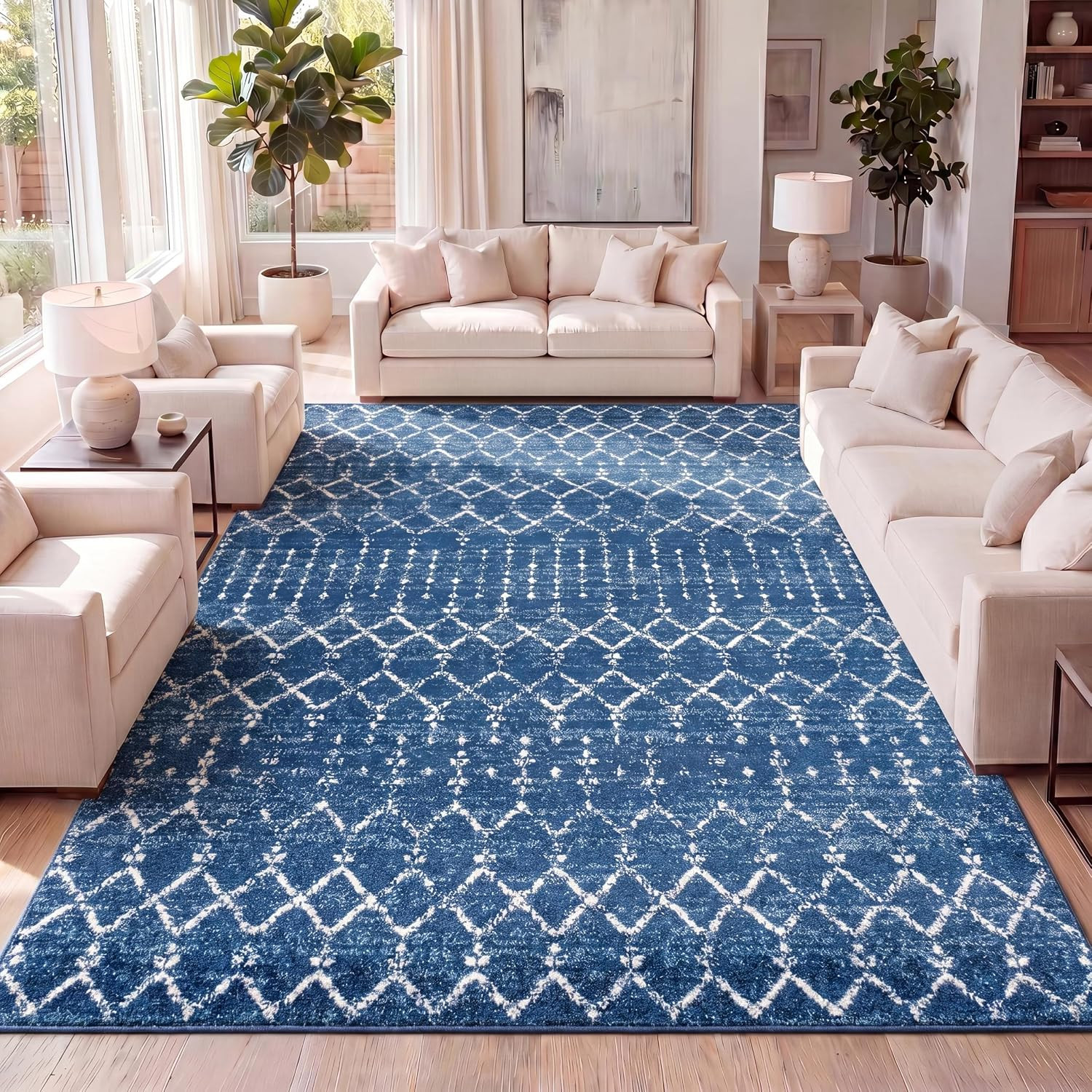 Boho Vintage Diamond Blue/White Indoor Area Rug 4X6 ft, Moroccan Hype for Living