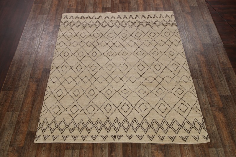 Handmade Beige Moroccan Area Rug 8×10 Ft Tribal Modern Oriental Wool Carpet
