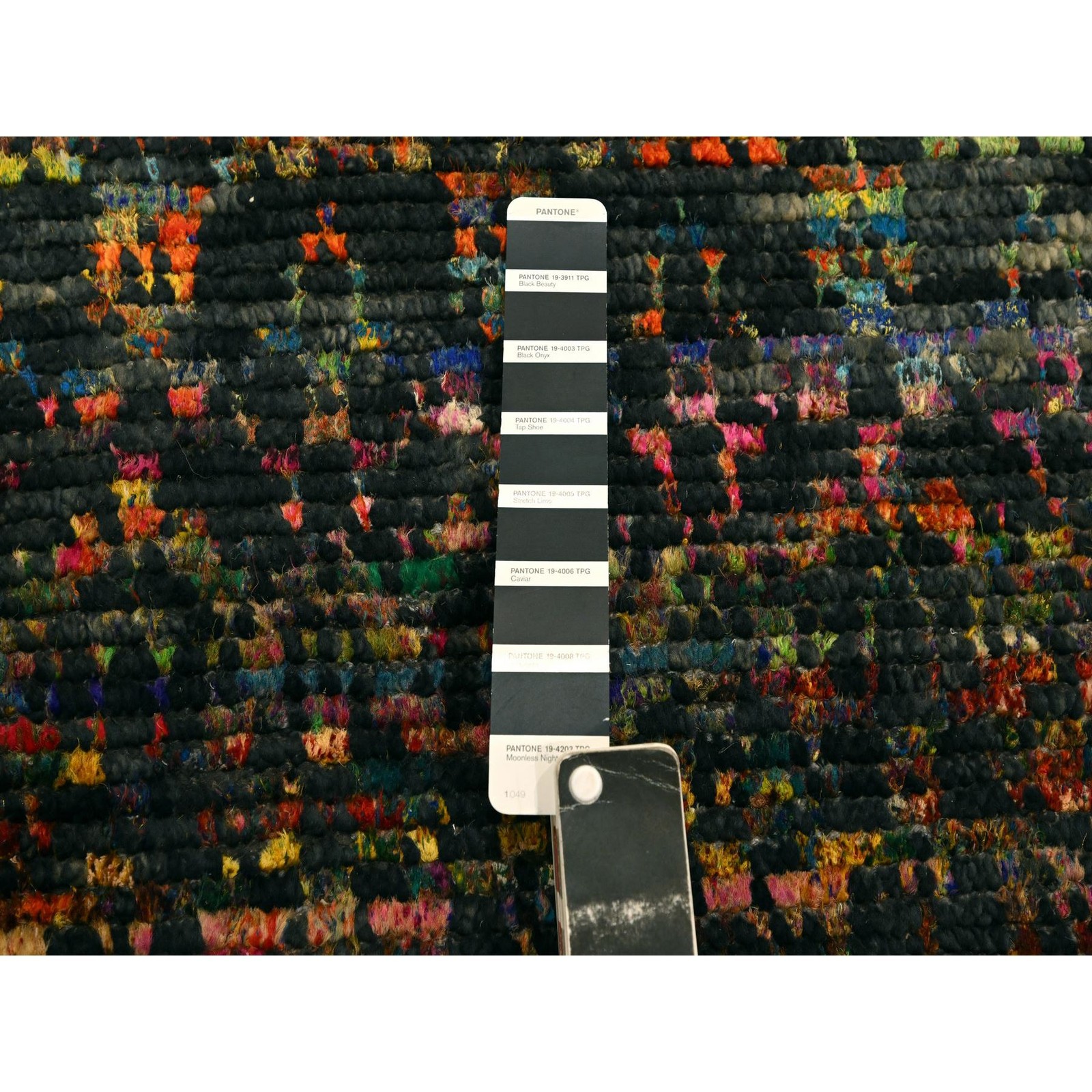2’6″ x 11′ Black Sari Silk and Wool Striae Design Hand Knotted Runner Rug R76206