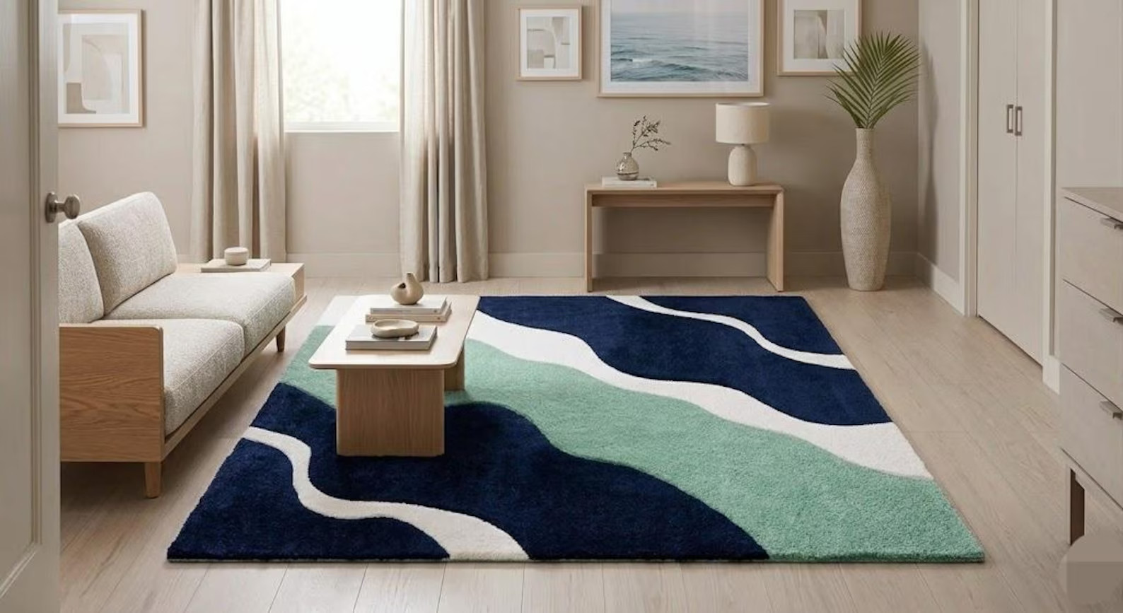 Modern Abstract Wave Rug Blue Mint Green Hand Tufted Wool Living Room Area Carpe