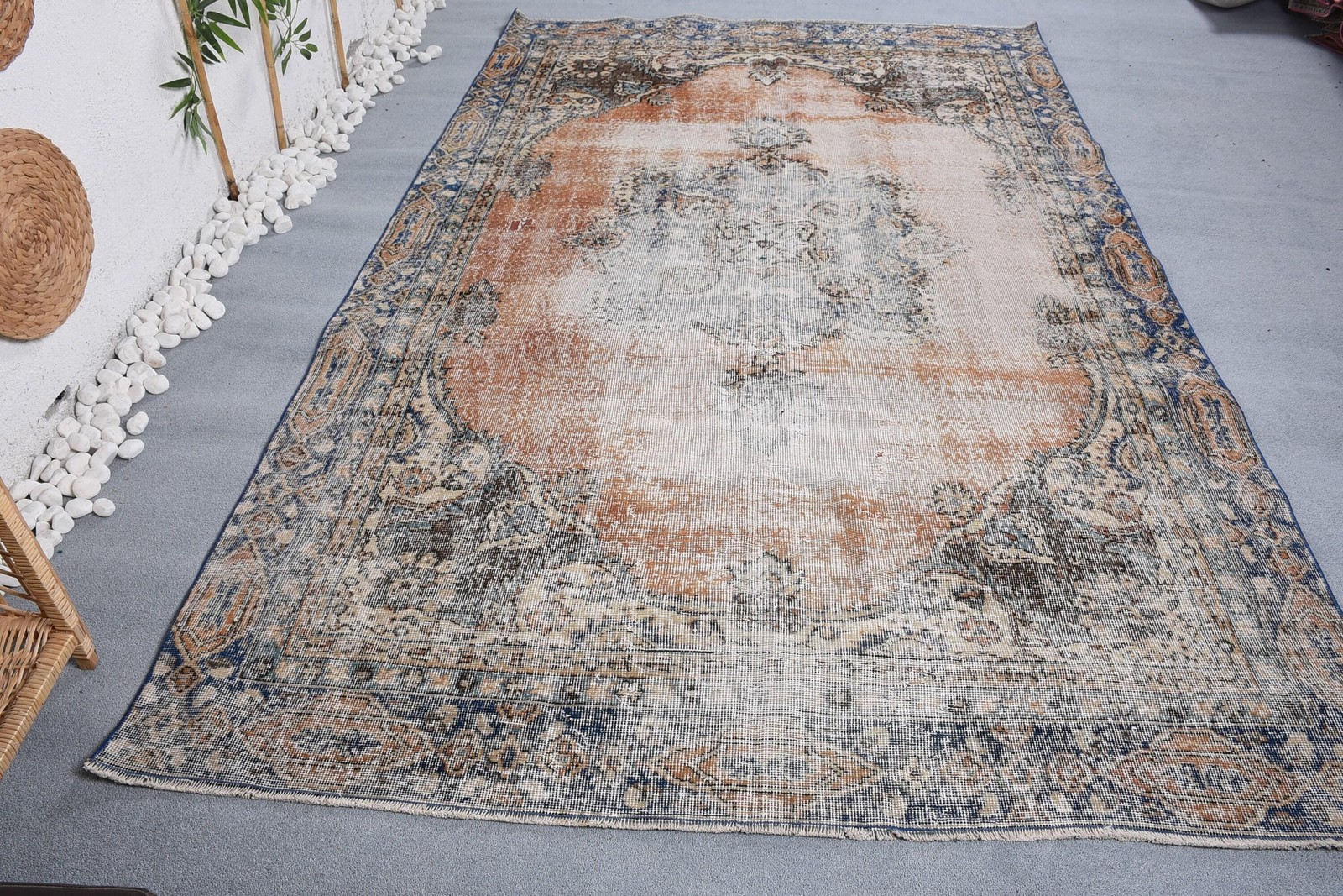 5,9×9,6 ft Vintage Turkish Rug, Large Rug, Blue Beige Ombré Wool Rug