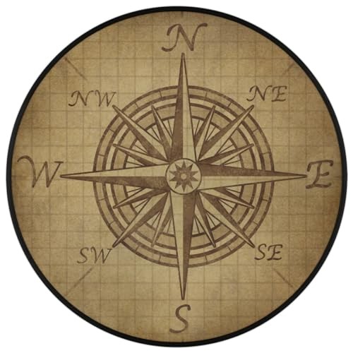 Compass Rose Retro Round Area Rug, Vintage Pattern Non-Slip Circle Rug for