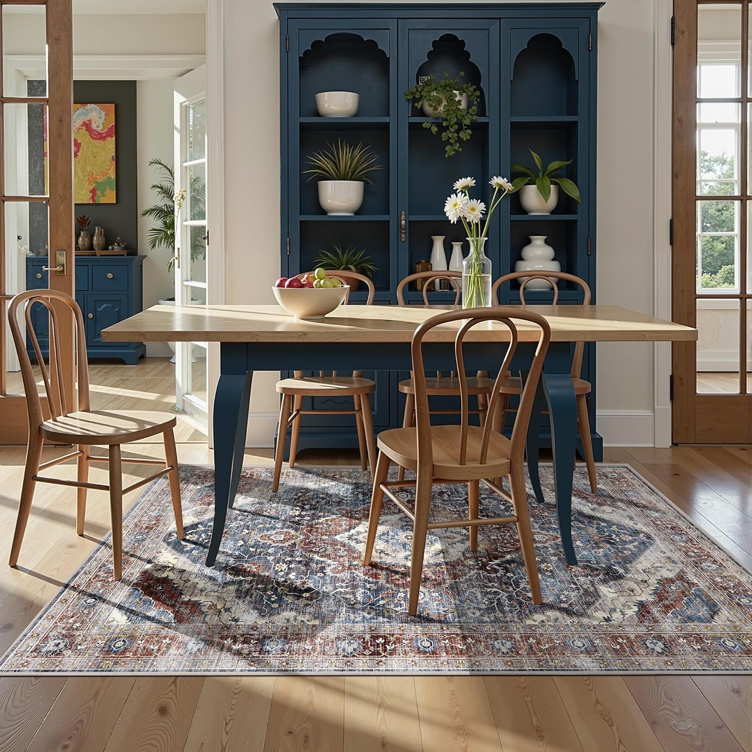 Oriental Floral 5×7 Rug – Kid & Pet Friendly, Non-Slip Carpet for High Traffic
