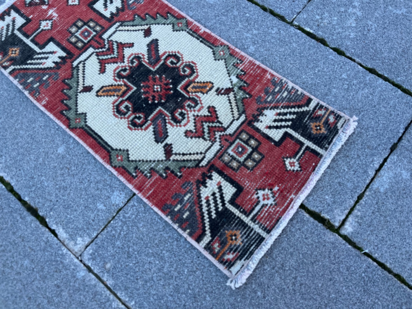 Vintage Turkish Small Rug 1.1×2.5 ft Handwoven Anatolian Wool Mini Runner