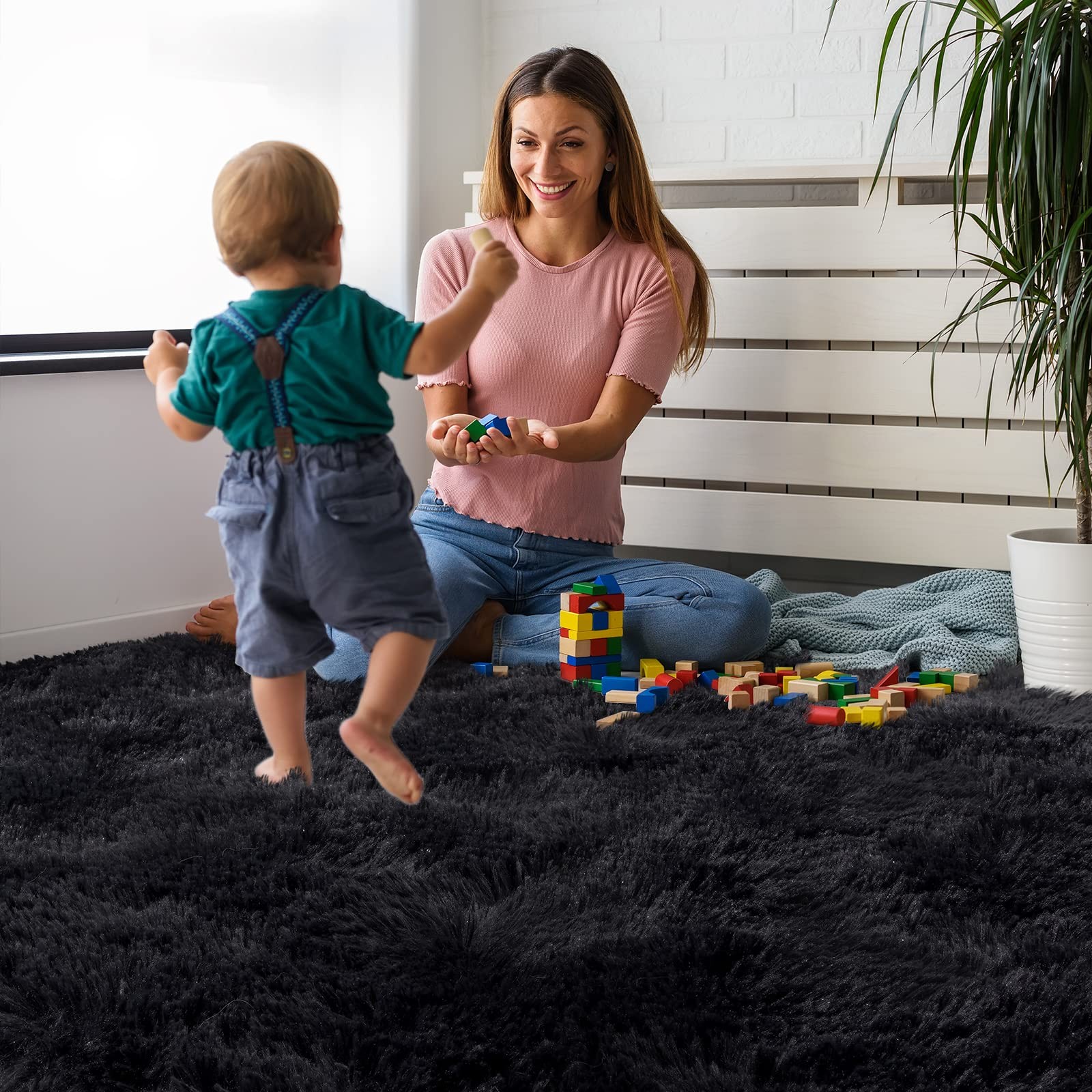 Ompaa Black 8×10 Feet Large Area Rugs Fluffy Living Room Carpet, Wall to Wall…