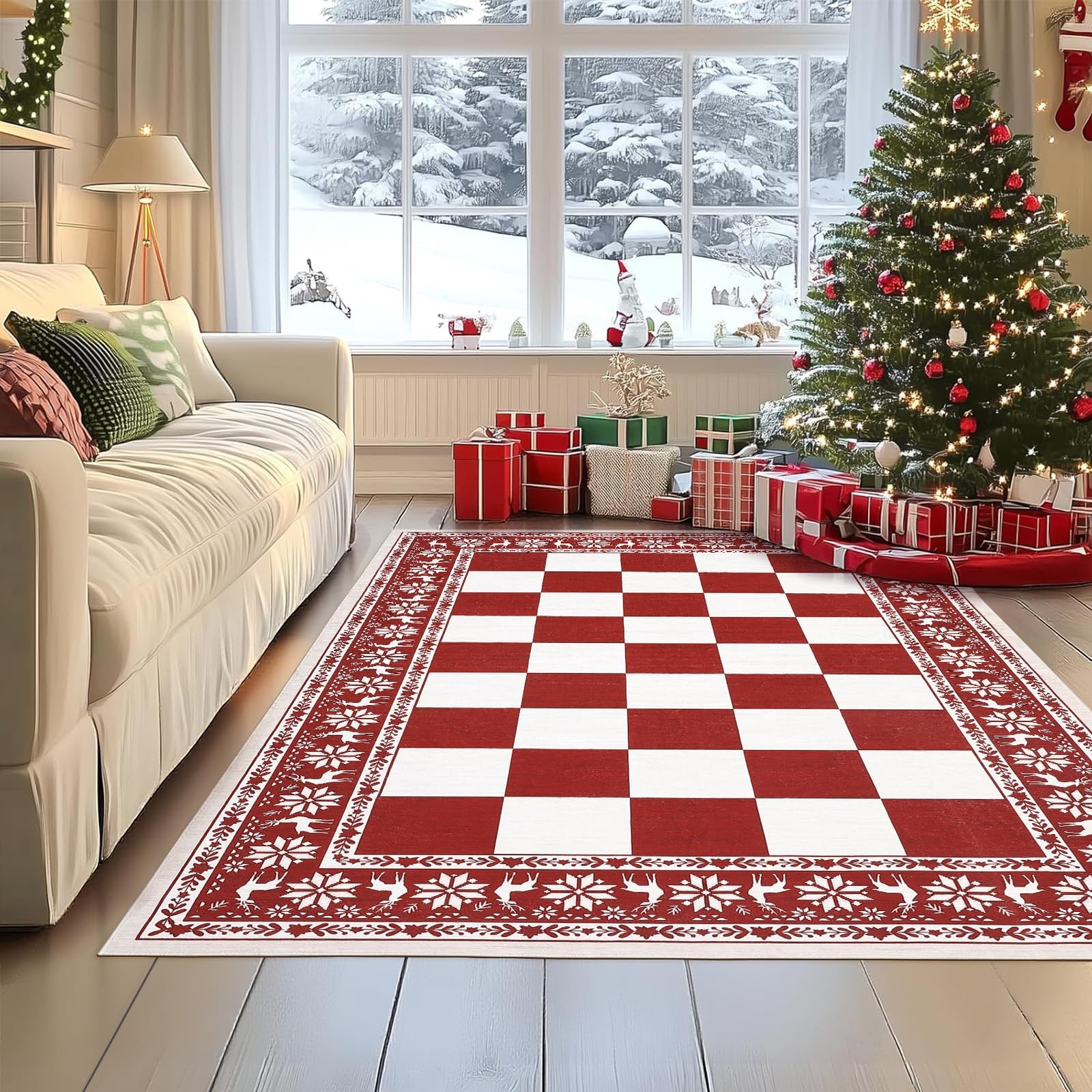4×6 Checkered Christmas Rug Living Room Holiday Decor Non Slip Washable Red