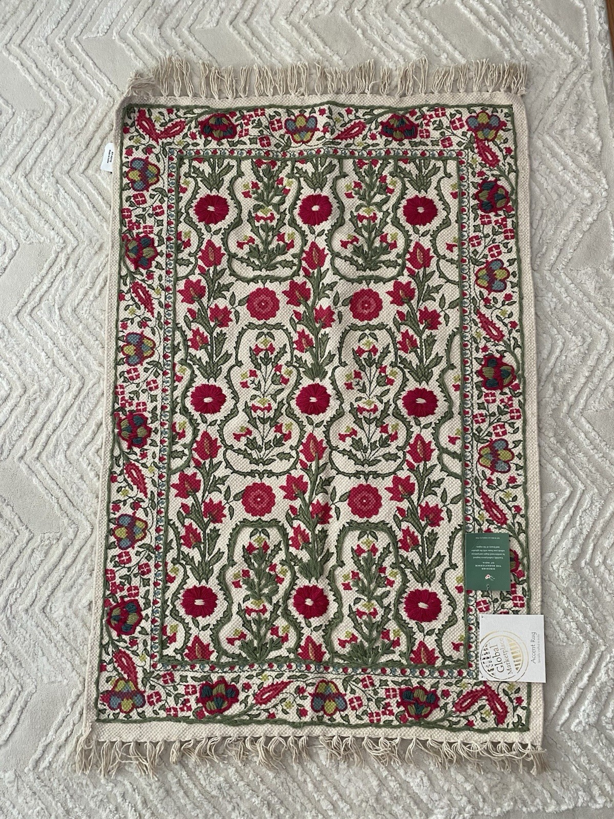 NWT Anthro-style Embroidered Floral Cotton Accent Rug 27”x42”