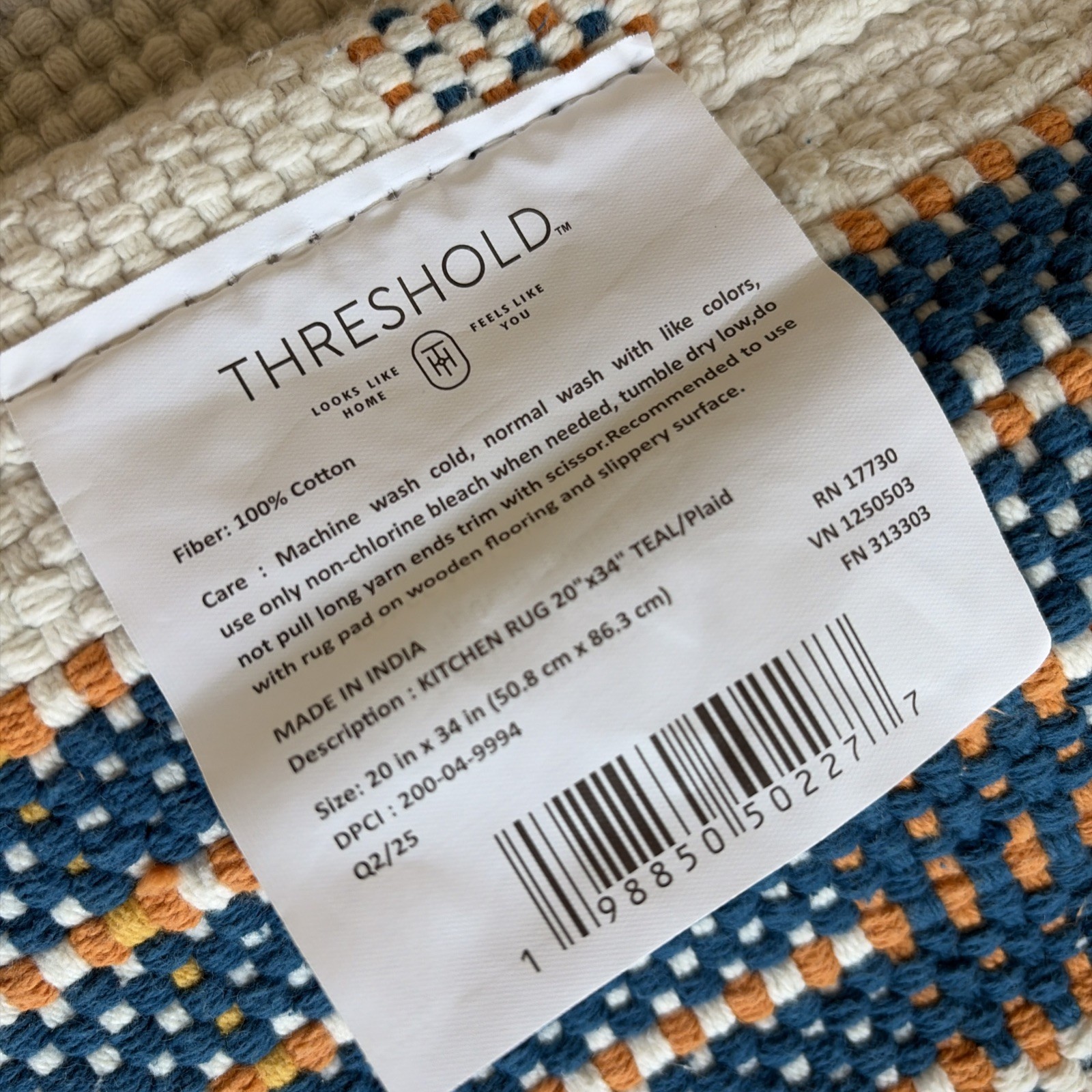Threshold Kitchen Rug 20” X 34” Blue/Red/Orange/Yellow/Ivory / Plaid 100% Cotton