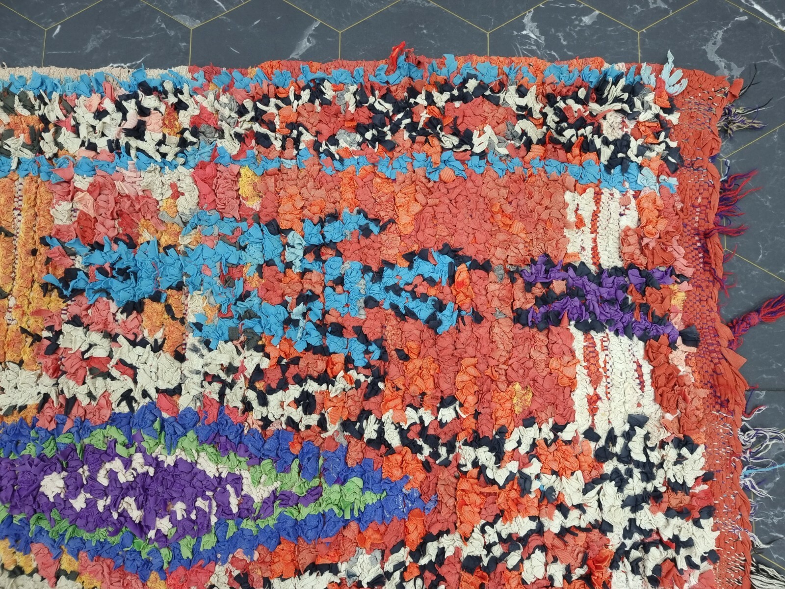 Moroccan Handmade Vintage Boucherouite Rug 2’7″x8′ Berber Geometric Blue Carpet