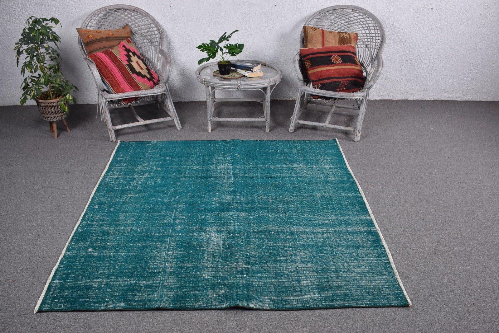 5,4×5,3 ft Area Vintage Turkish Rug, Blue Oriental Wool Rug