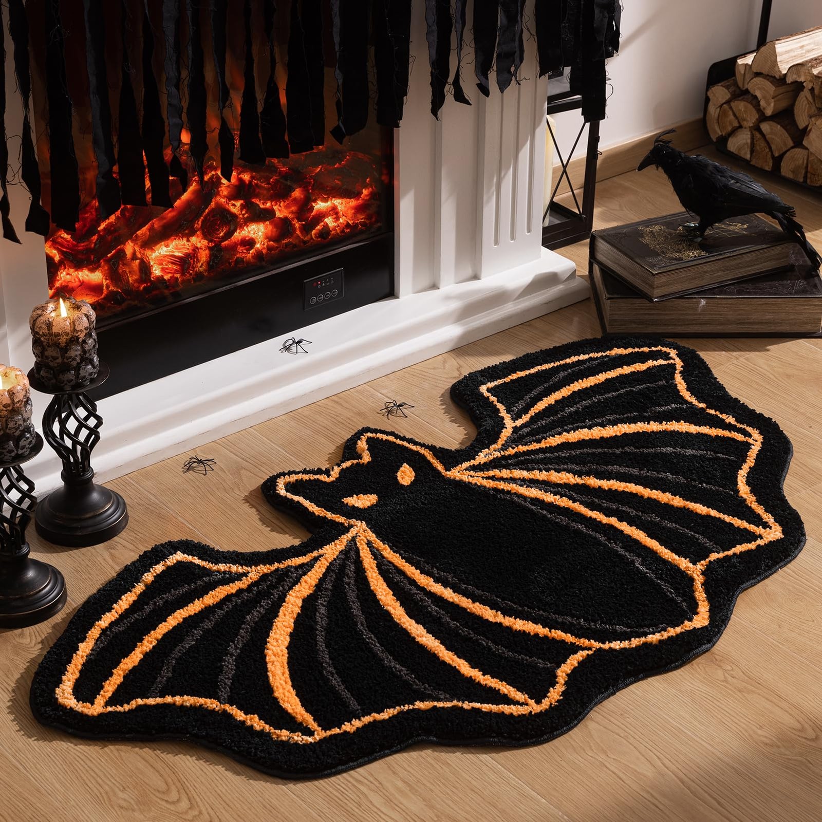 Halloween Bat Area Rug Black Plush Tufted 25 x 47 inch Non-Slip
