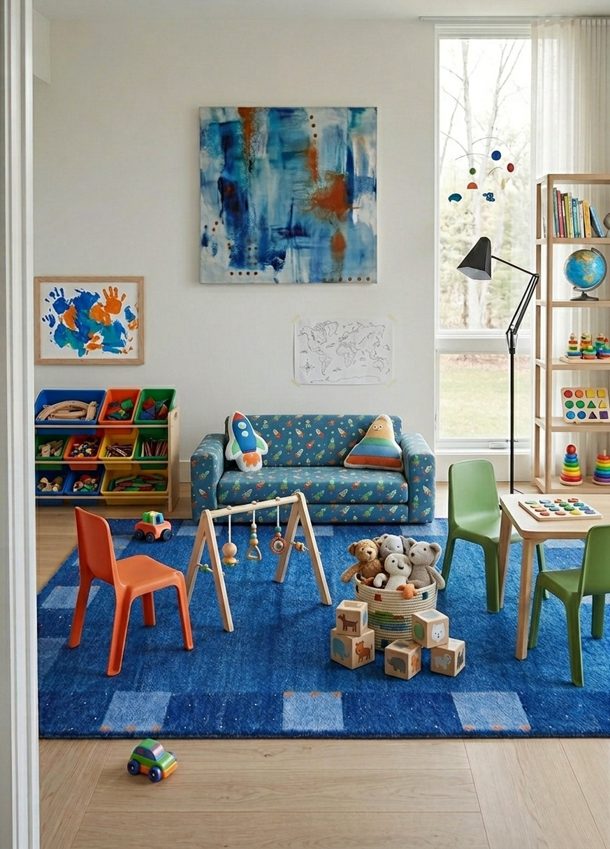 Handloom Gabbeh Wool Rug – Cobalt Blue Sky Minimalist Area Rug for Living Room