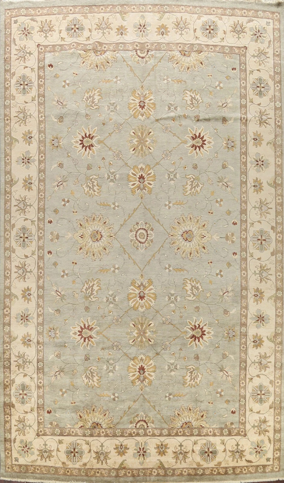 Hand Knotted Oushak Wool Rug Muted Sage Green Floral Transitional 8×10 Area Rug