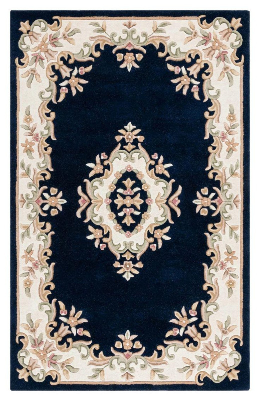 Dark Blue Ivory Rug Hand Tufted Wool Area Rug Navy Floral Medallion Carpet Rug