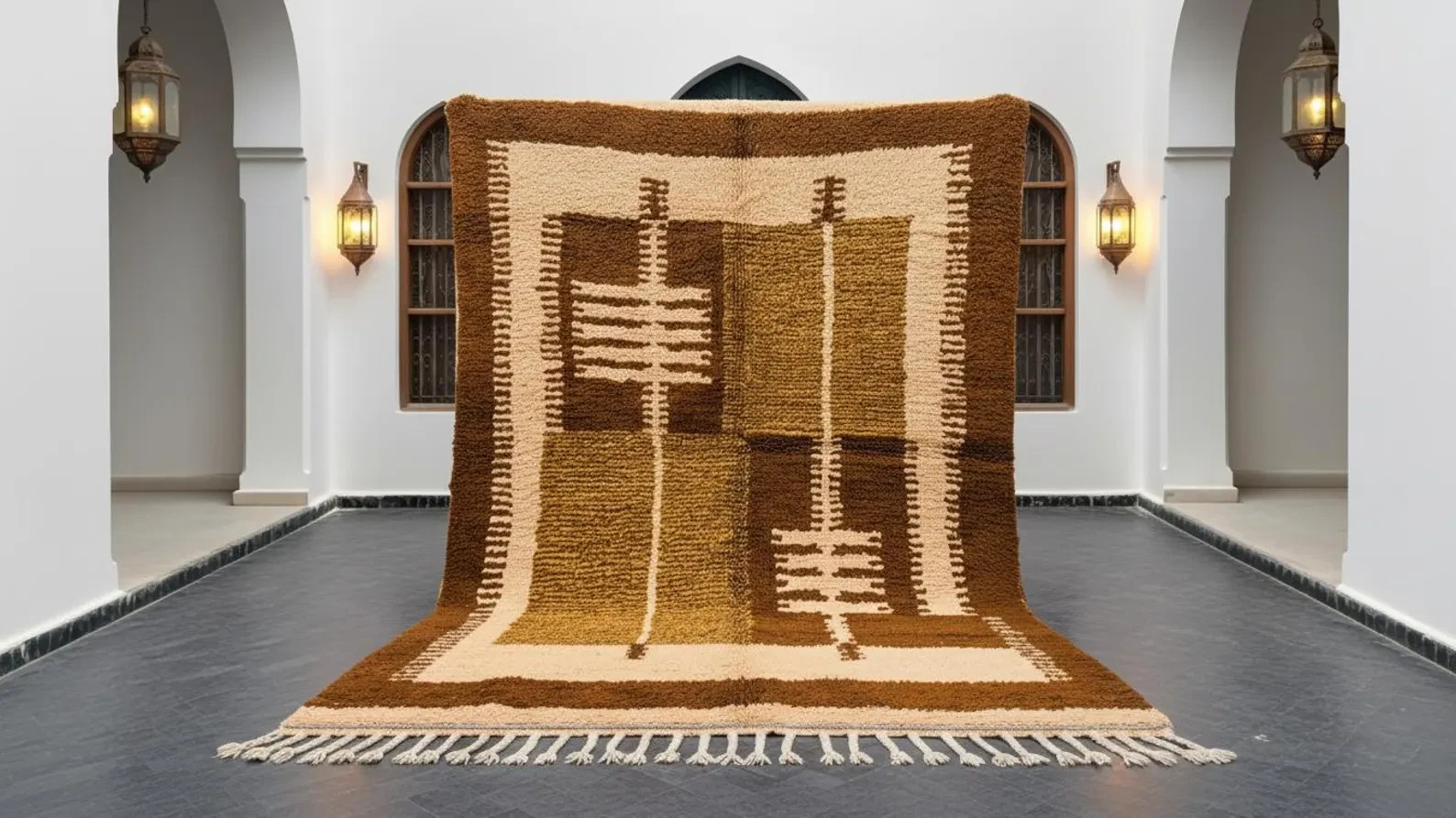 Handmade Beni Ourain Wool Rug, Brown Moroccan Berber Carpet for living room bed