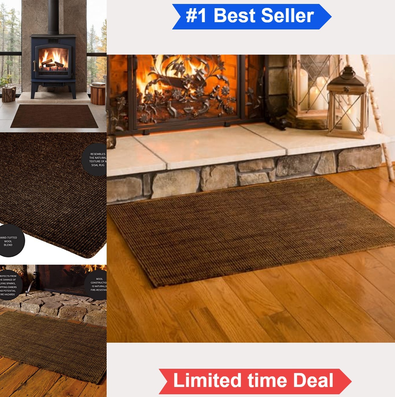 Wool Hearth Rug Fireproof 2×3 Chocolate Low Pile Sisal Look Fireplace Mat Hand