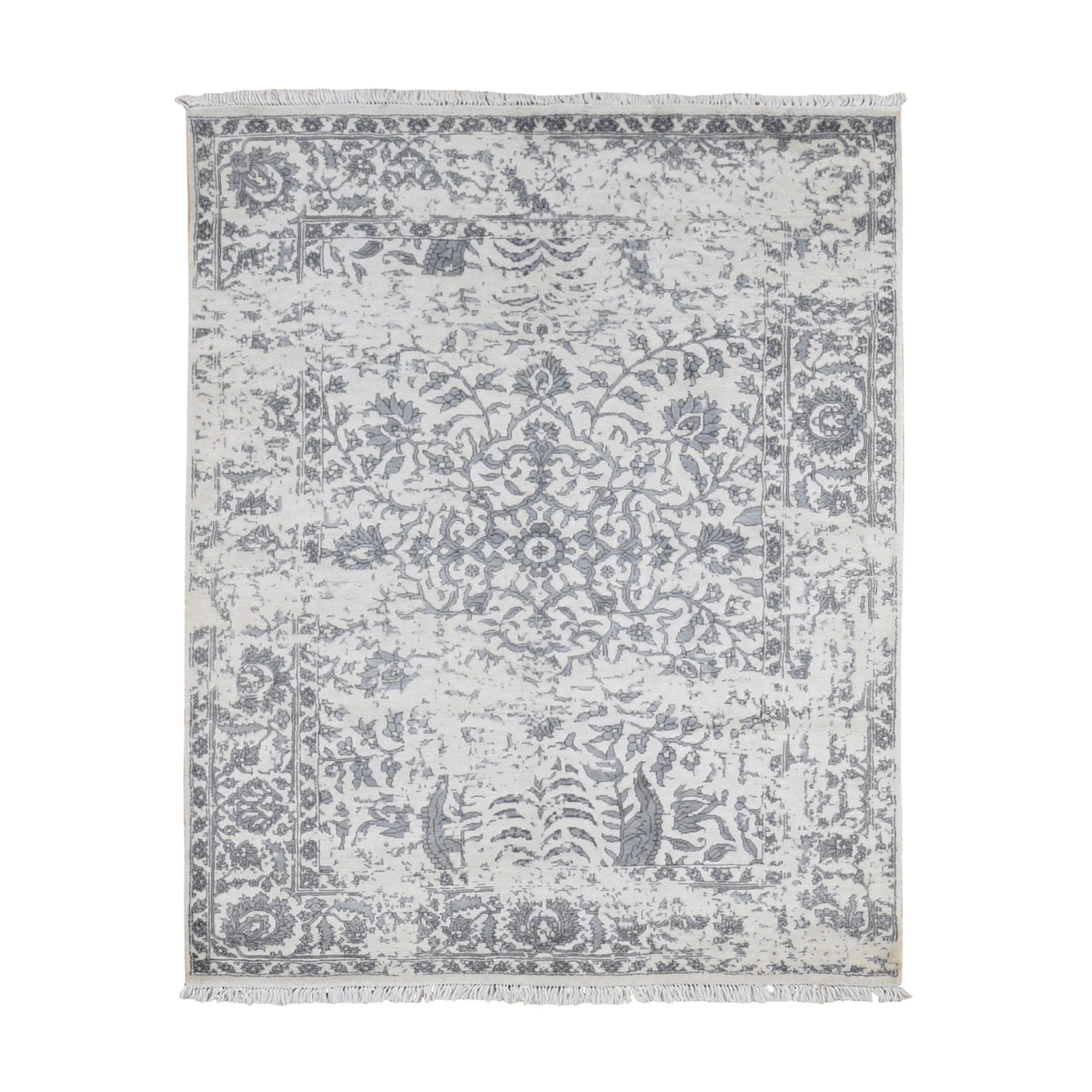 5’2″x7′ Ivory Erased Zoroastrian Design Plant Base Silk Hand Knotted Rug R87191