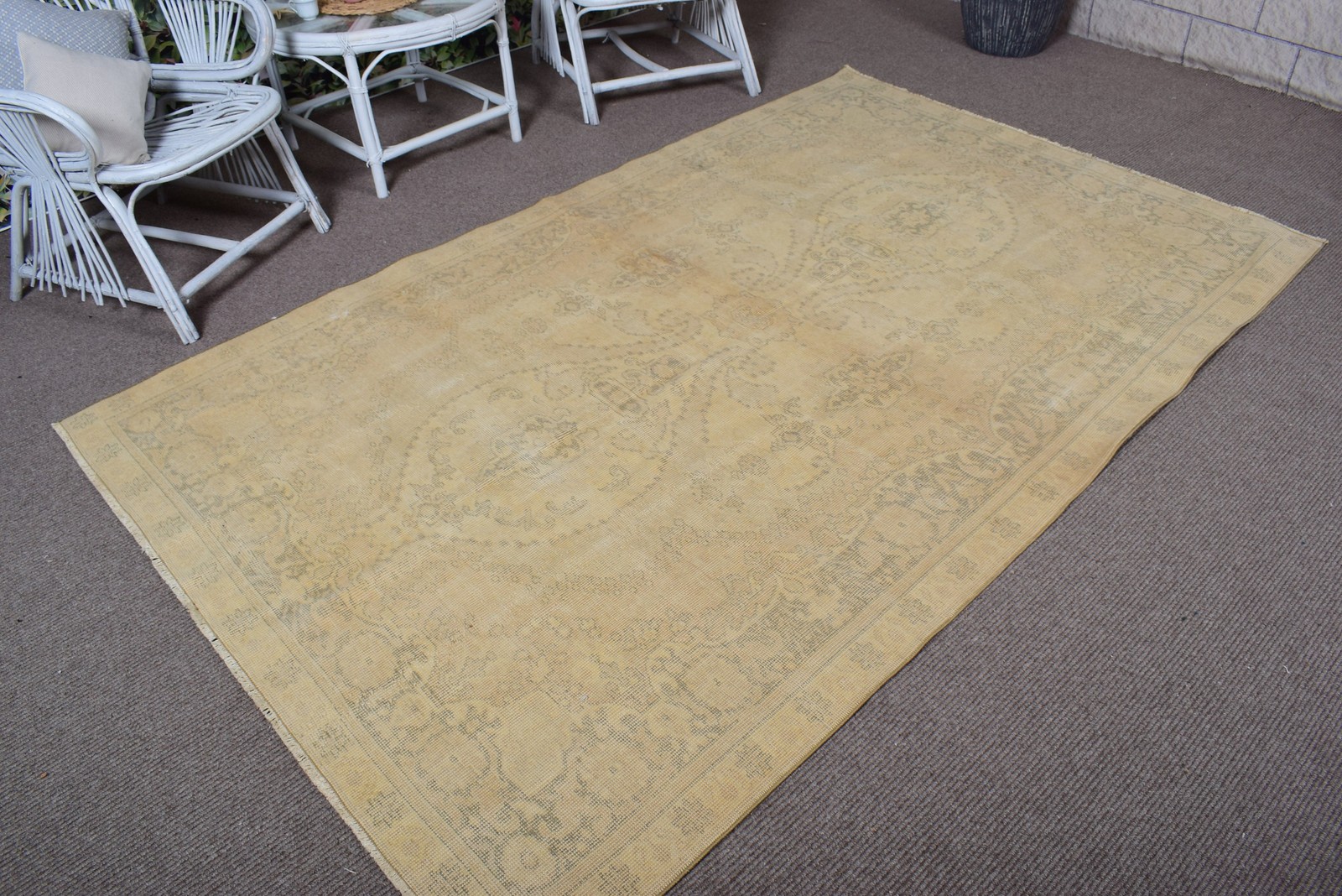 Turkish Rug, 5,2×8,4 ft Large Rug, Yellow Gray Wool Rug