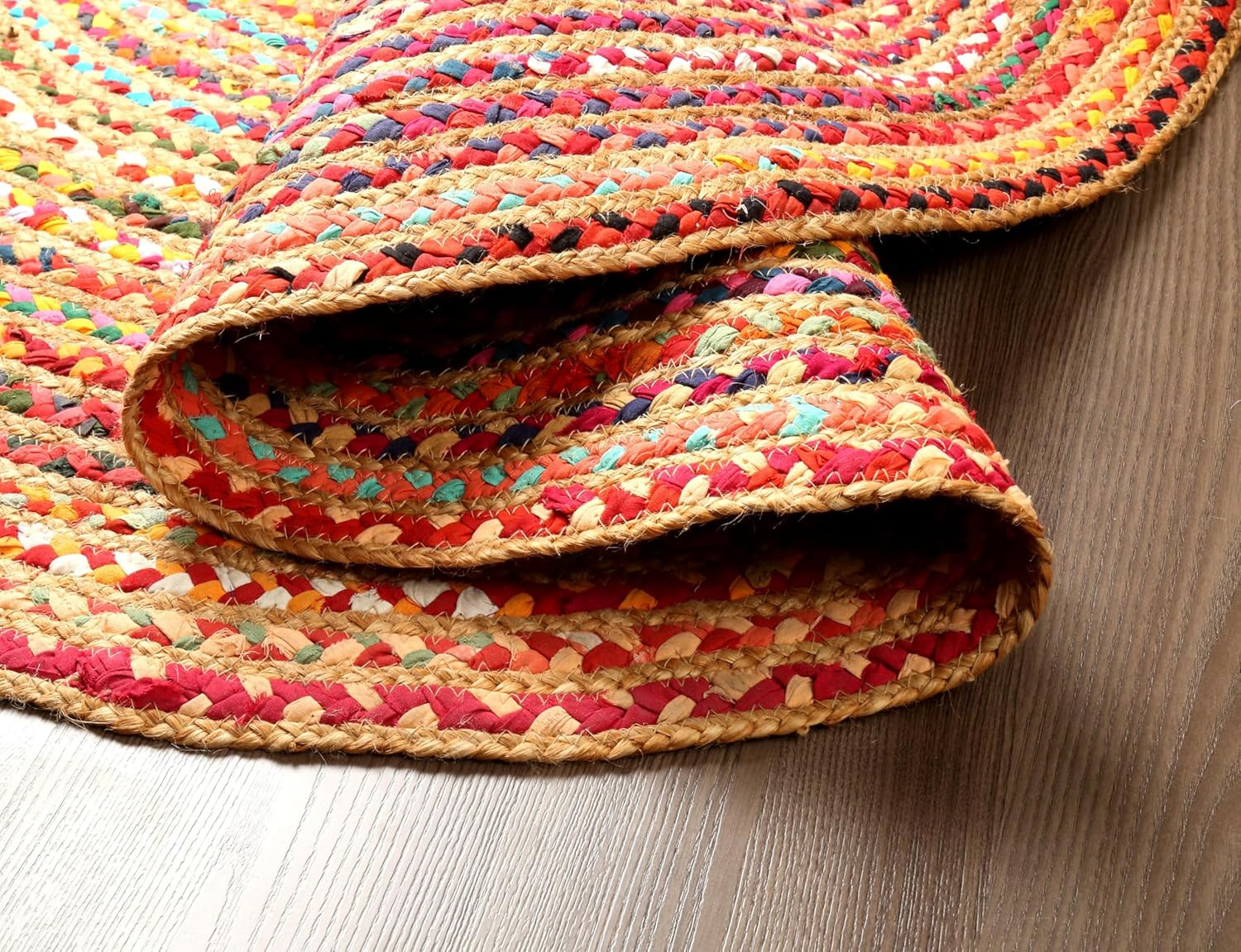 Bohemian Braided Rug 4′ round – Multi Color, Circle Farmhouse Jute Cotton Area R