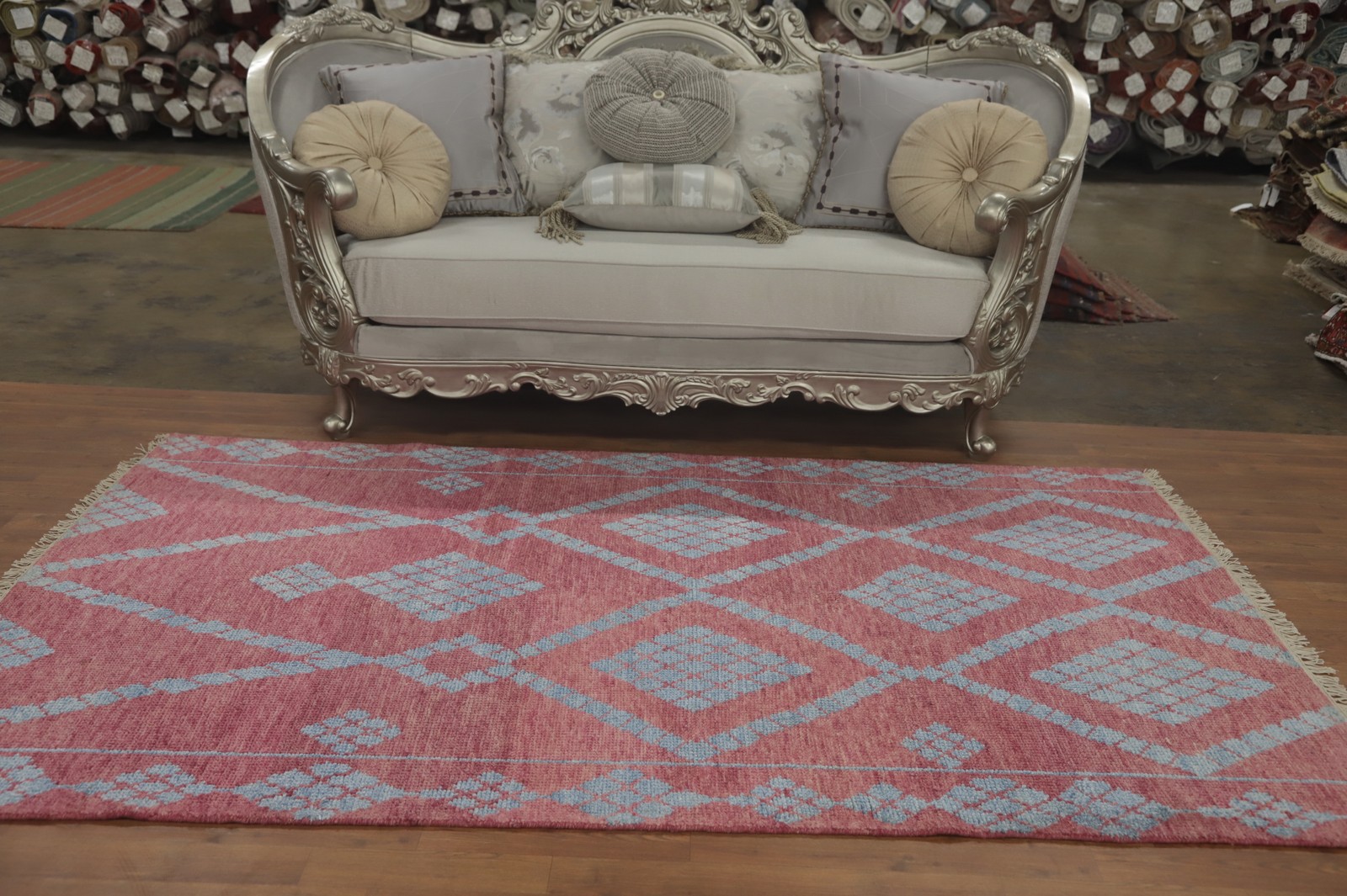 Pink/ Blue Geometric Living Room Area Rug 5×8 ft Hand-knotted Wool Modern Carpet