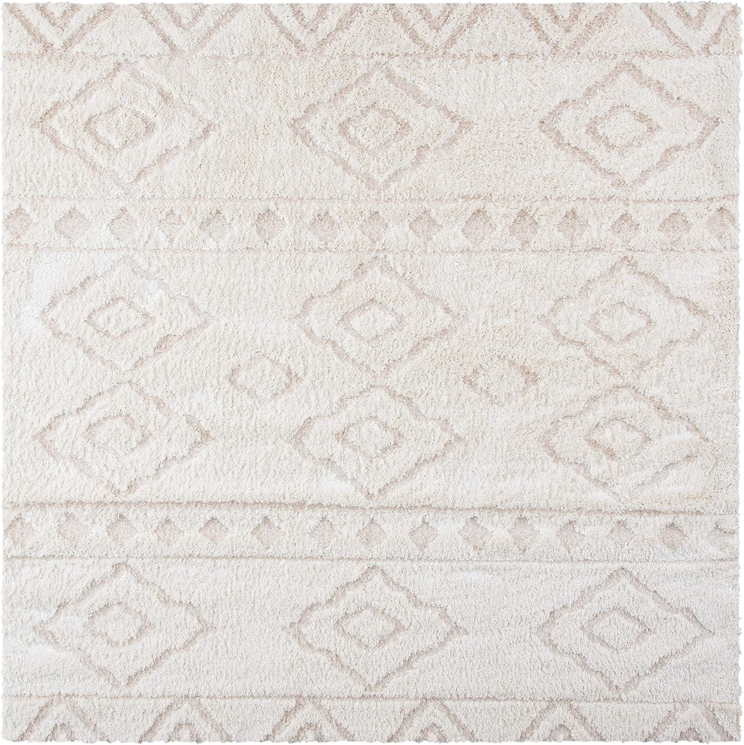 Sparta Shag Area Rug 5’3″ Square, Ivory Beige, Boho Design, Easy Care